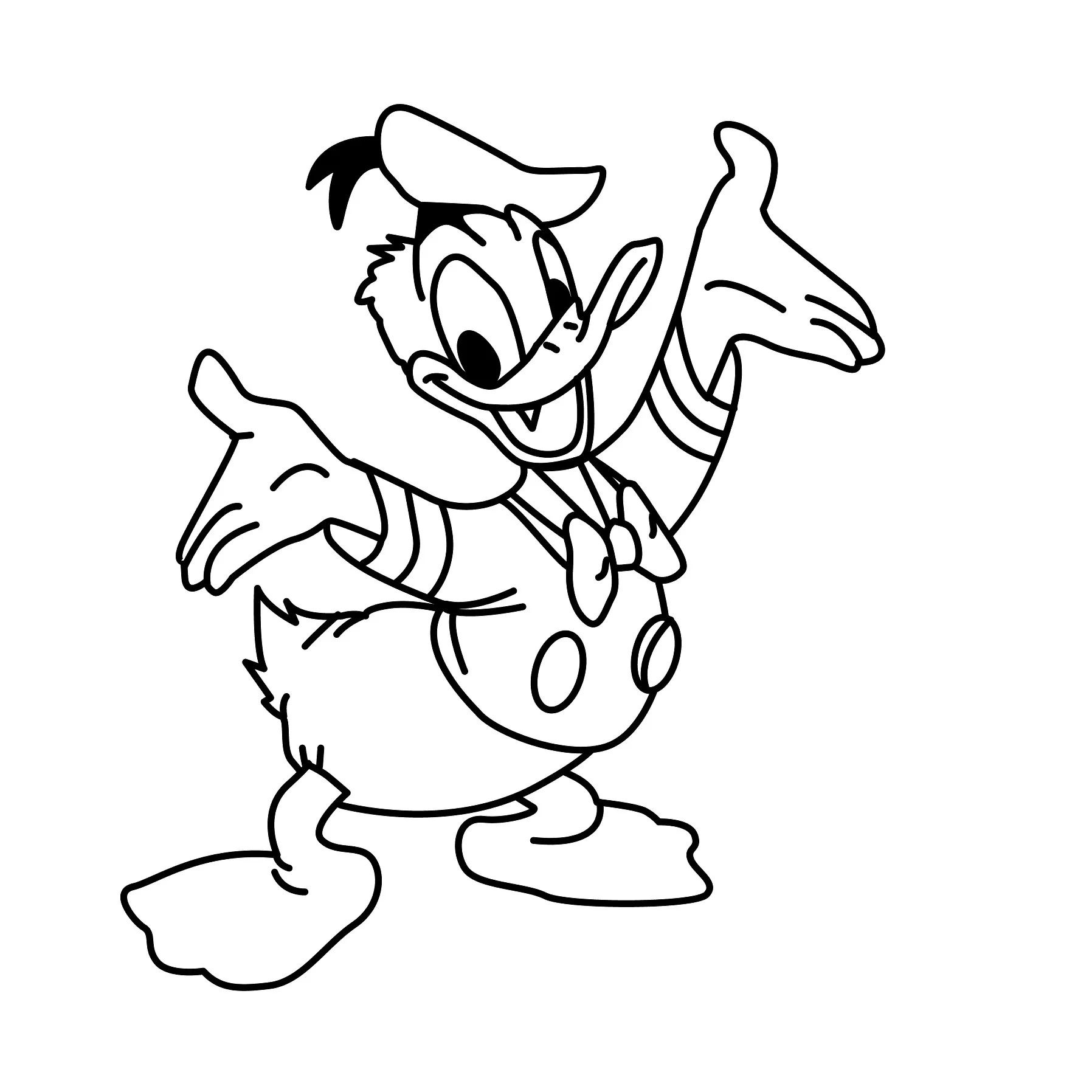 Donald ist fröhlich. (Ausmalbild von Donald Duck zum Ausdrucken und Ausmalen für Kinder)