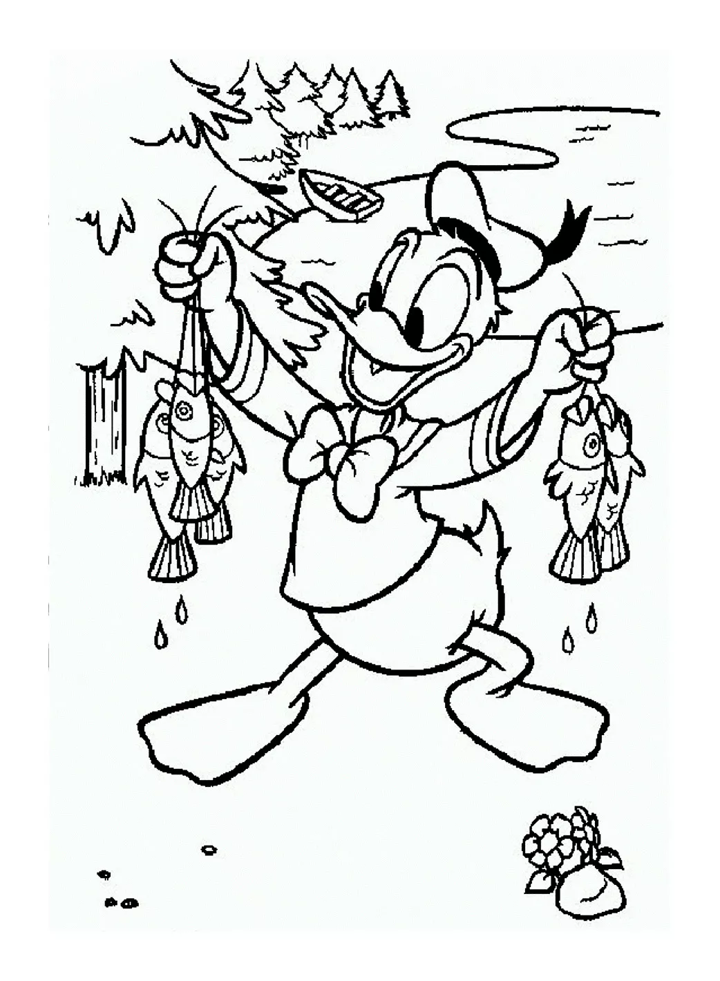 Donald: Der Fang war gut. (Ausmalbild von Donald Duck zum Ausdrucken und Ausmalen für Kinder)