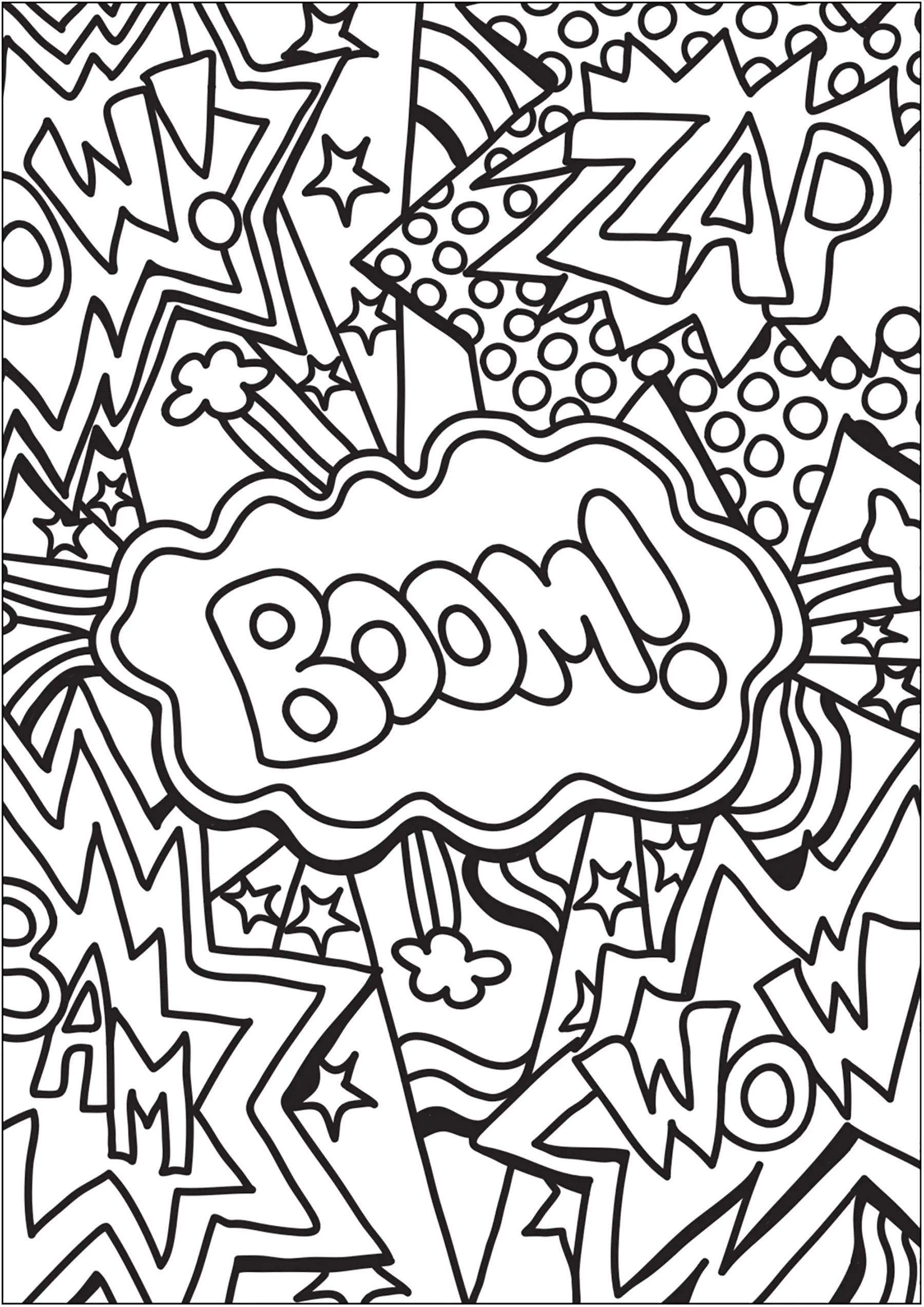 Doodle mit Wörtern aus Comics und Cartoons (Ausmalbild von Doodle Art zum Ausdrucken und Ausmalen für Kinder)