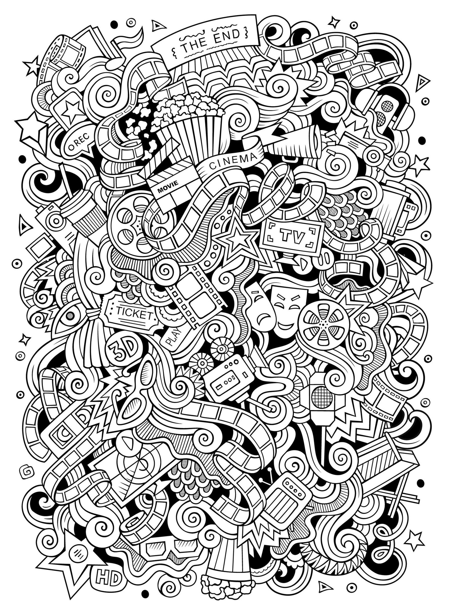 Einfache Skizze zum Thema Kino (Ausmalbild von Doodle Art zum Ausdrucken und Ausmalen für Kinder)