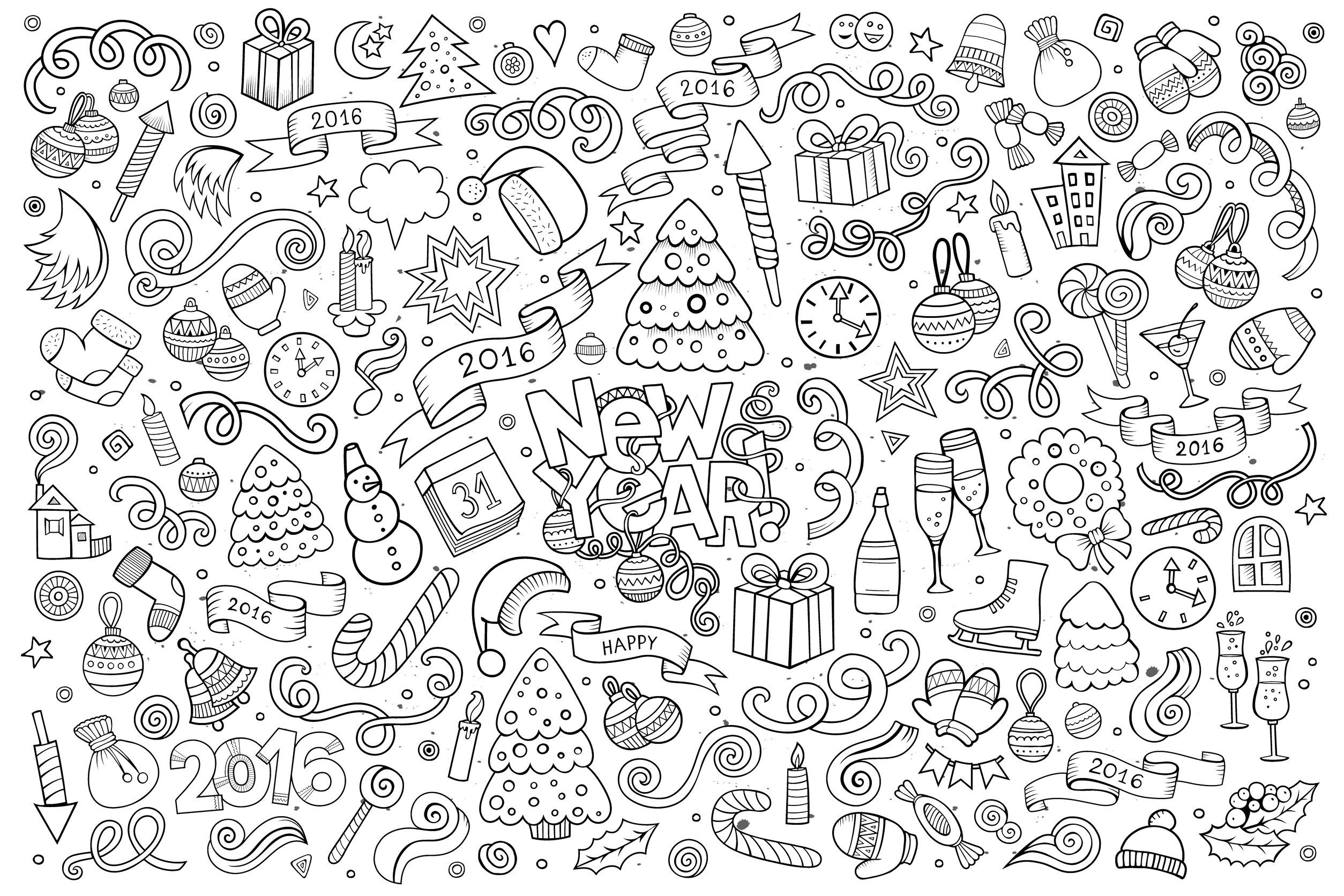 Frohes neues Jahr, Doodle. (Ausmalbild von Doodle Art zum Ausdrucken und Ausmalen für Kinder)