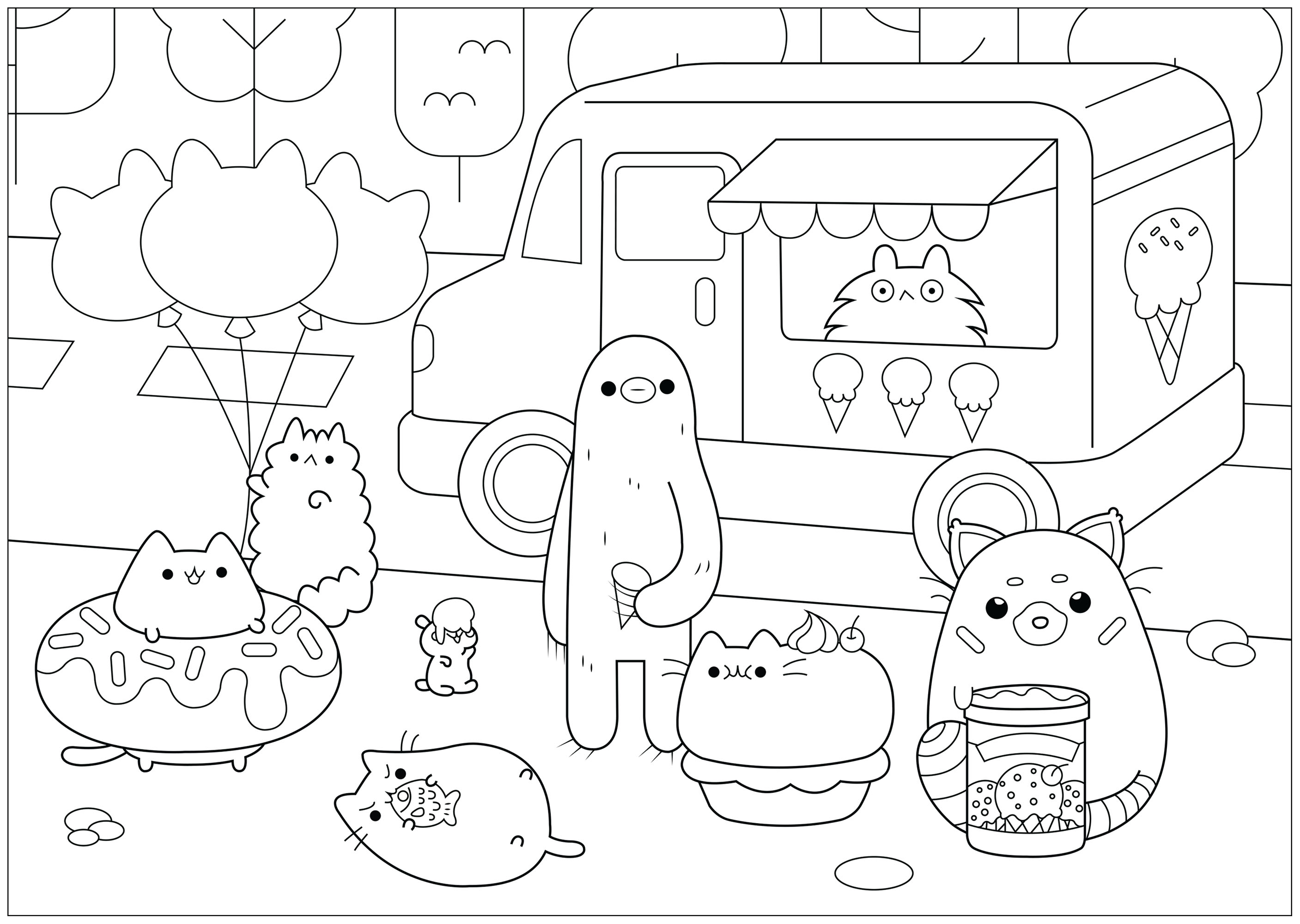 Eisverkäufer Pusheen (Ausmalbild von Doodle Art zum Ausdrucken und Ausmalen für Kinder)
