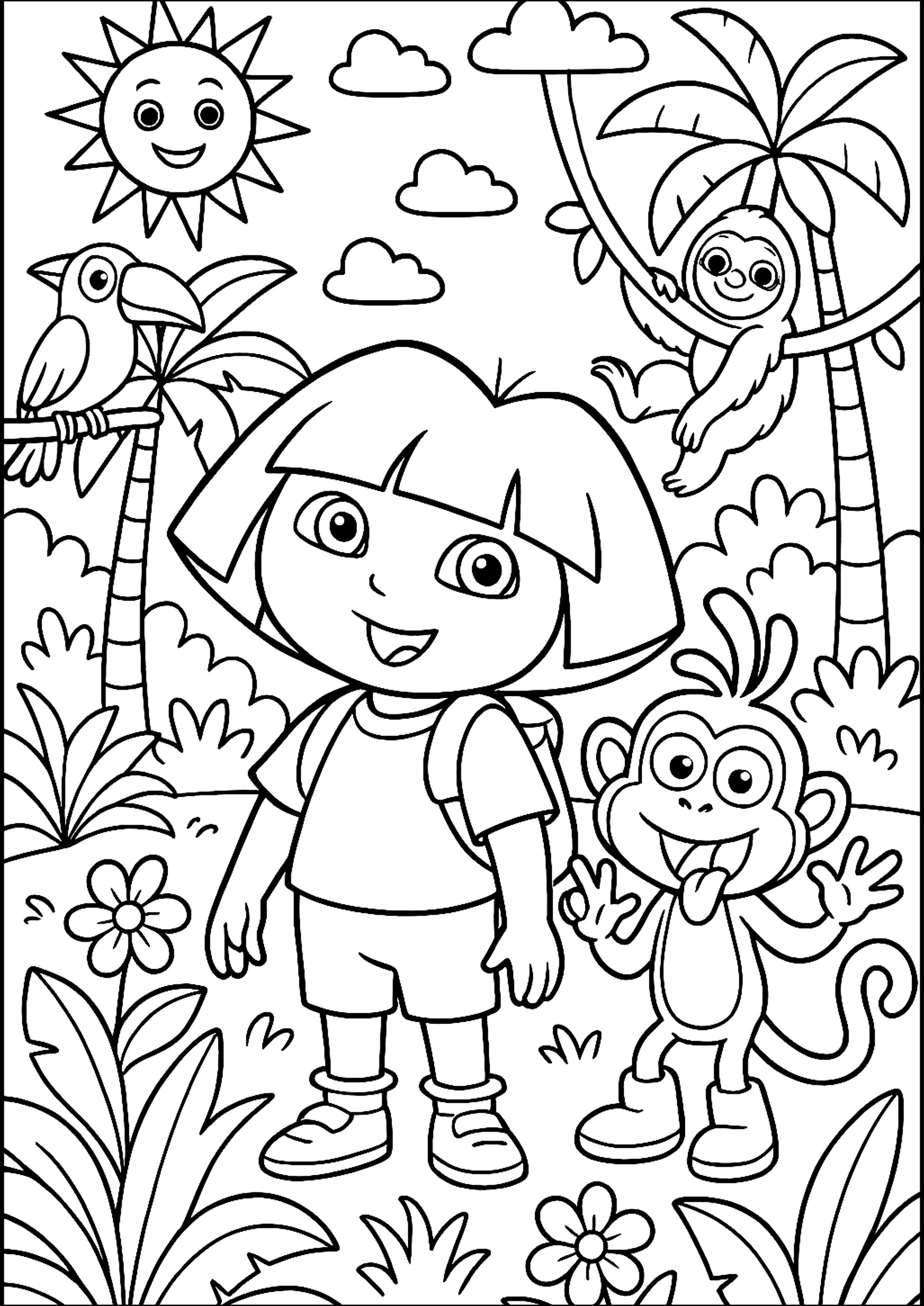 Fröhliches Abenteuer im Dschungel (Ausmalbild von Dora zum Ausdrucken und Ausmalen für Kinder)