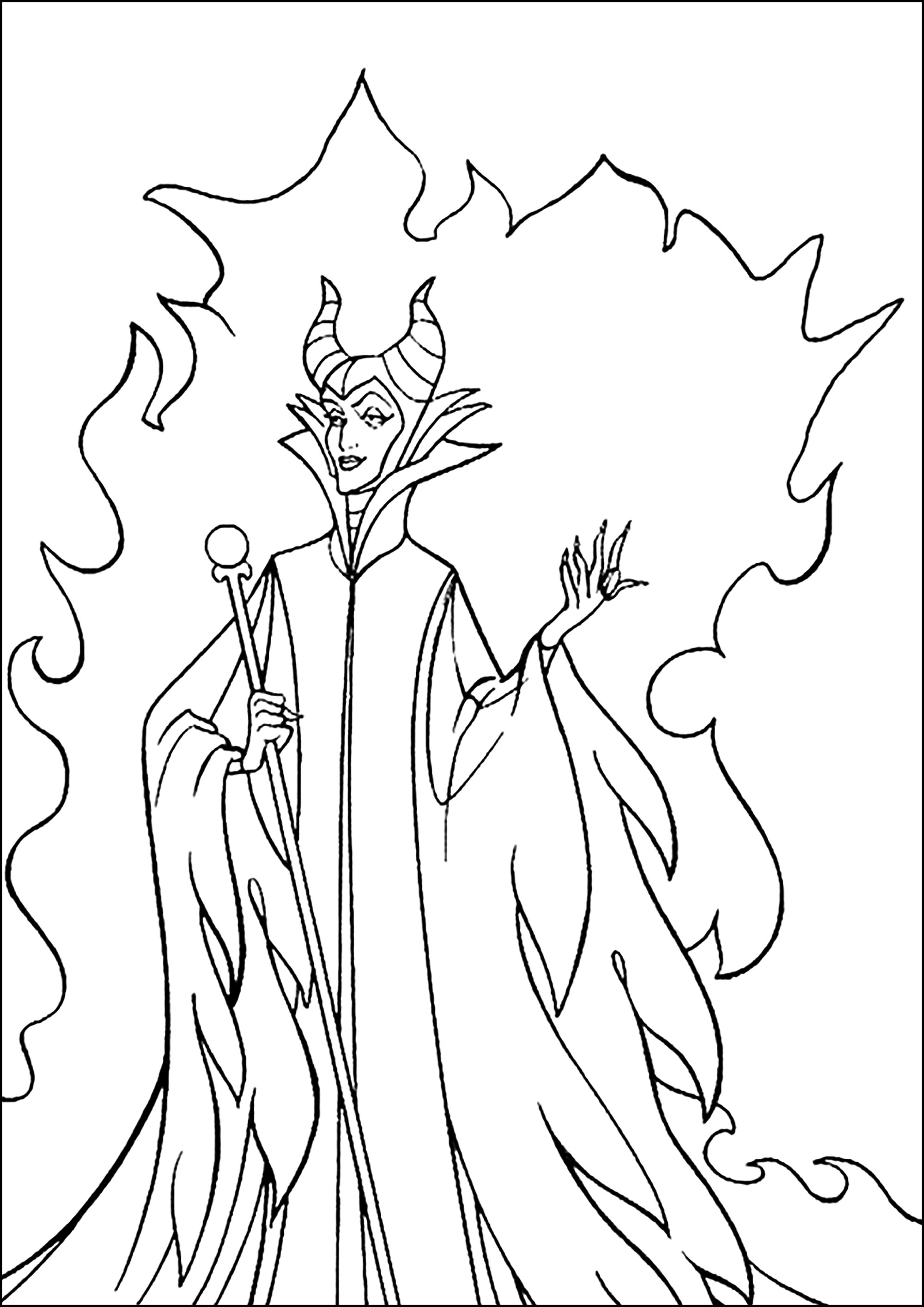 Maleficent vor Flammen (Ausmalbild von Dornroschen zum Ausdrucken und Ausmalen für Kinder)
