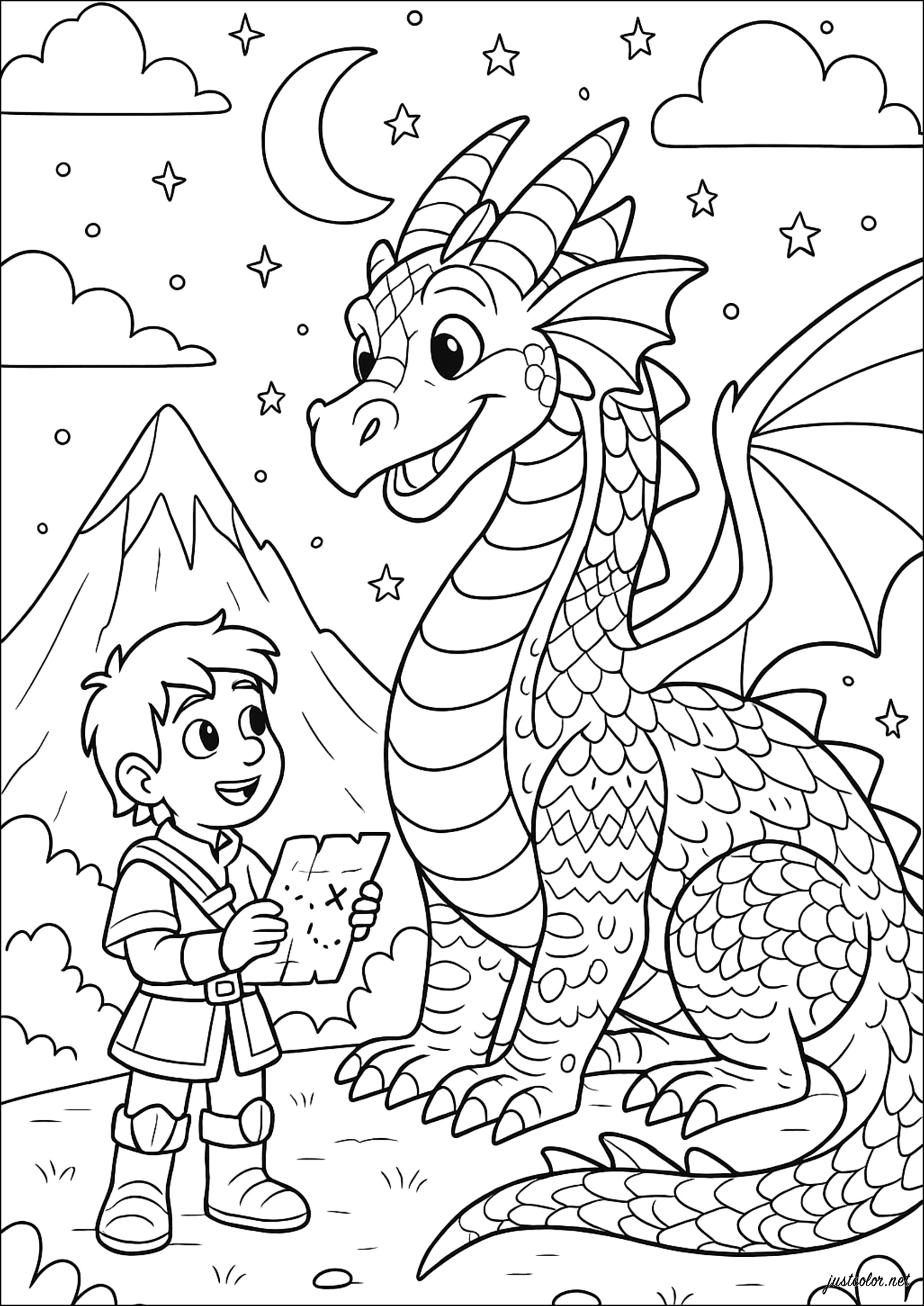 Der Drache und der junge Abenteurer (Ausmalbild von Drachenzaehmen leicht gemacht zum Ausdrucken und Ausmalen für Kinder)