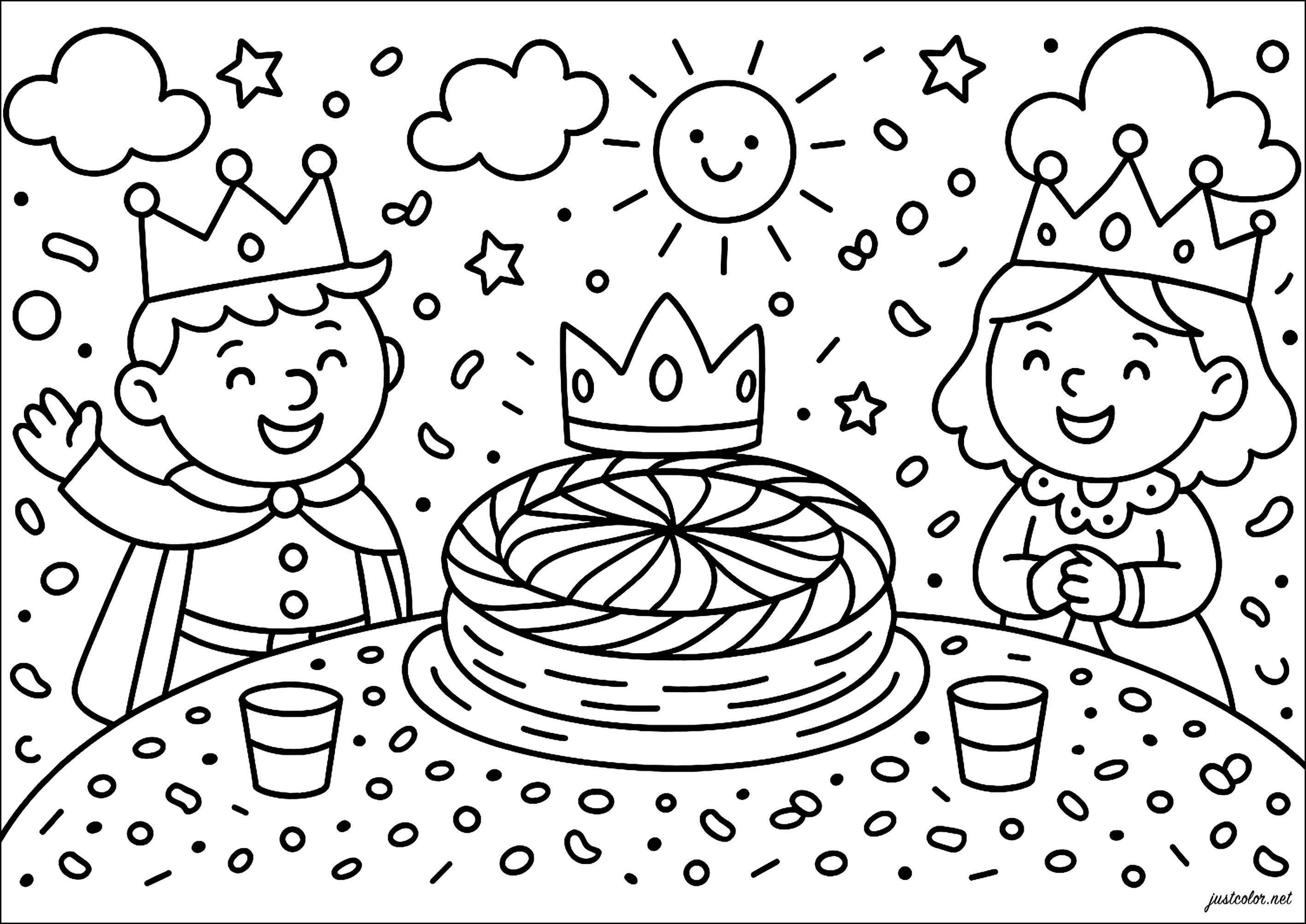 Königliches Fest mit einem riesigen Kuchen (Ausmalbild von Dreikoenigskuchen zum Ausdrucken und Ausmalen für Kinder)