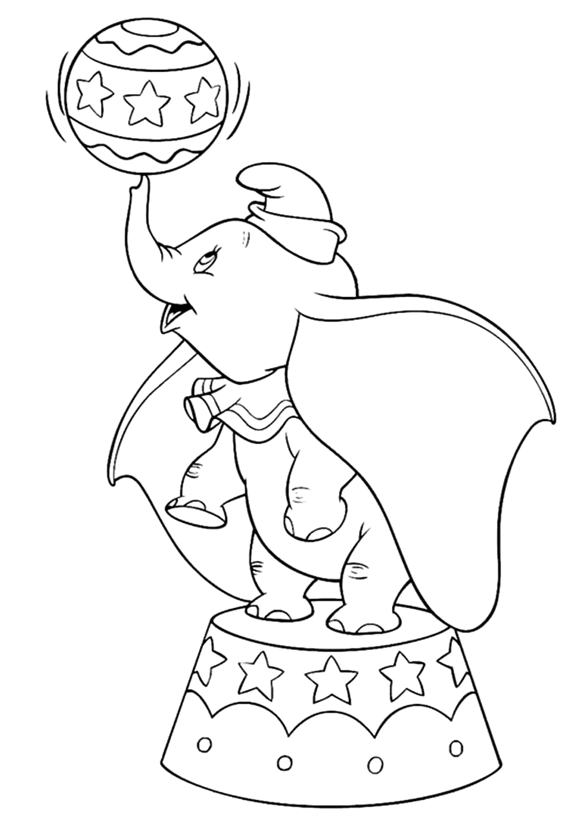 Dumbo während seiner Zirkusnummer. (Ausmalbild zum Ausdrucken und Ausmalen für Kinder)