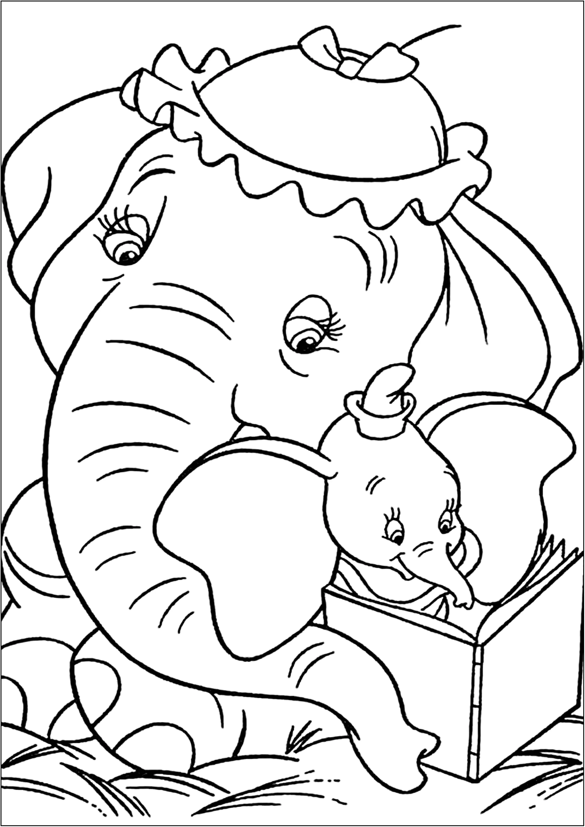 Dumbo und seine Mutter. (Ausmalbild zum Ausdrucken und Ausmalen für Kinder)