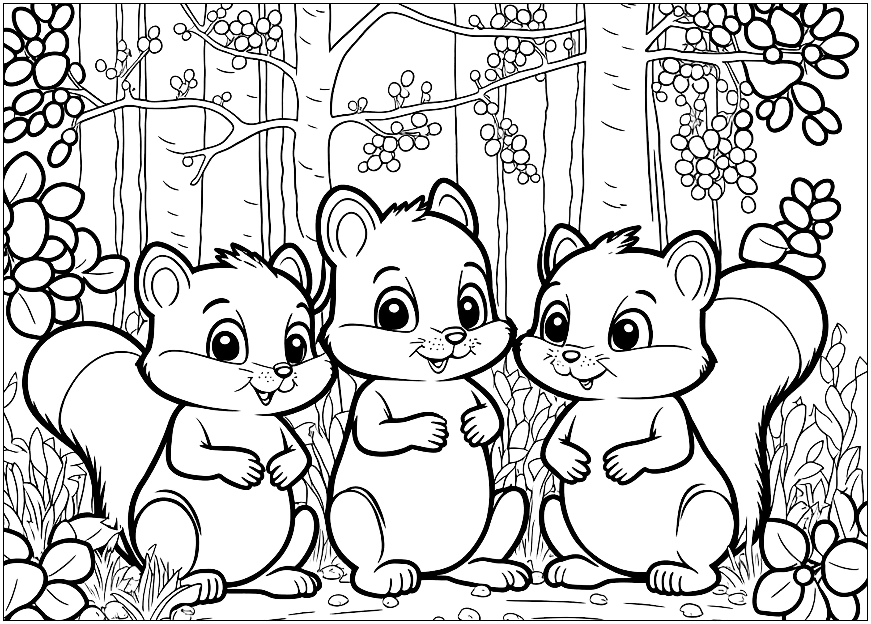Drei niedliche kleine Eichhörnchen. (Ausmalbild zum Ausdrucken und Ausmalen für Kinder)