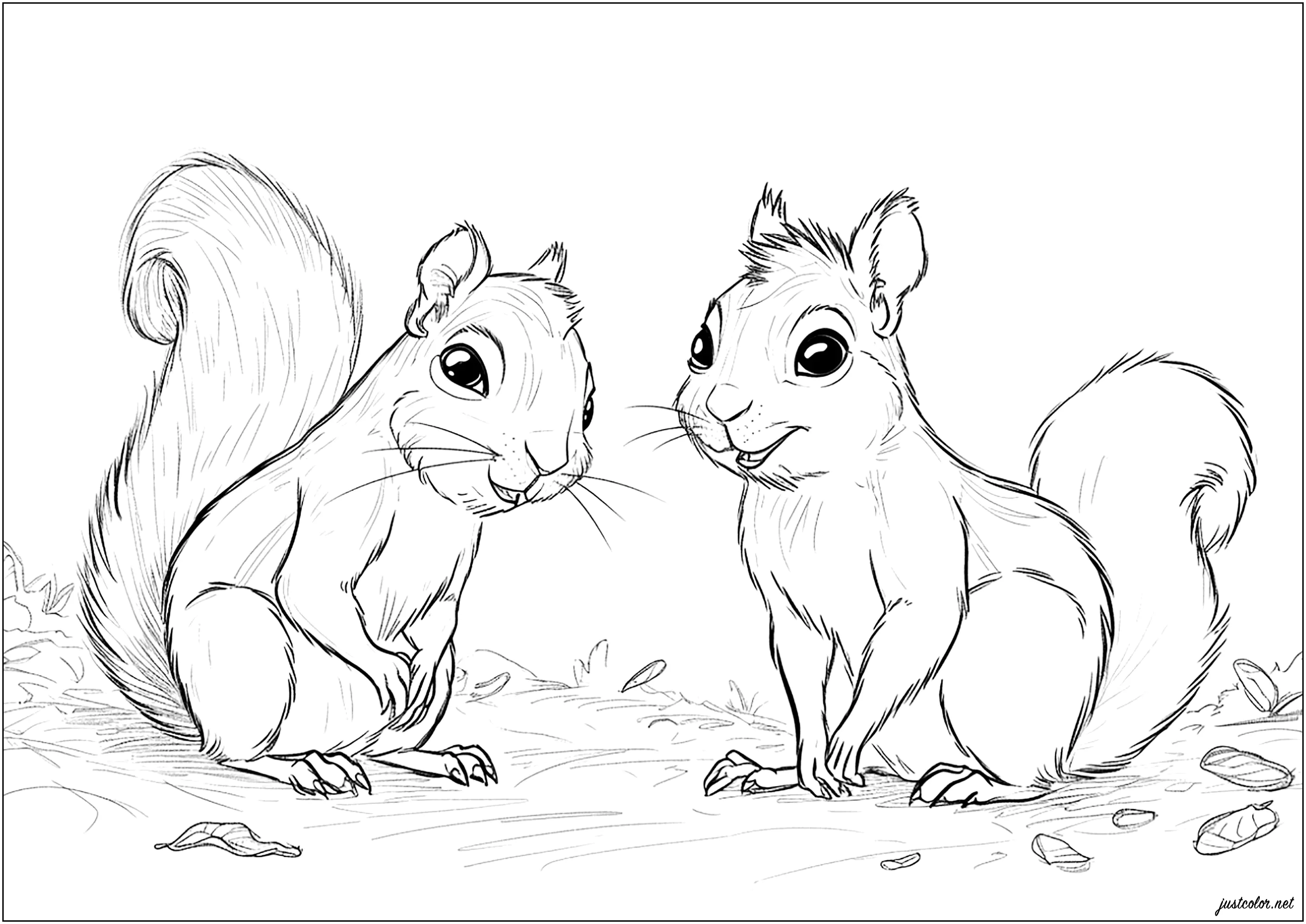 Zwei nette Eichhörnchen. (Ausmalbild zum Ausdrucken und Ausmalen für Kinder)