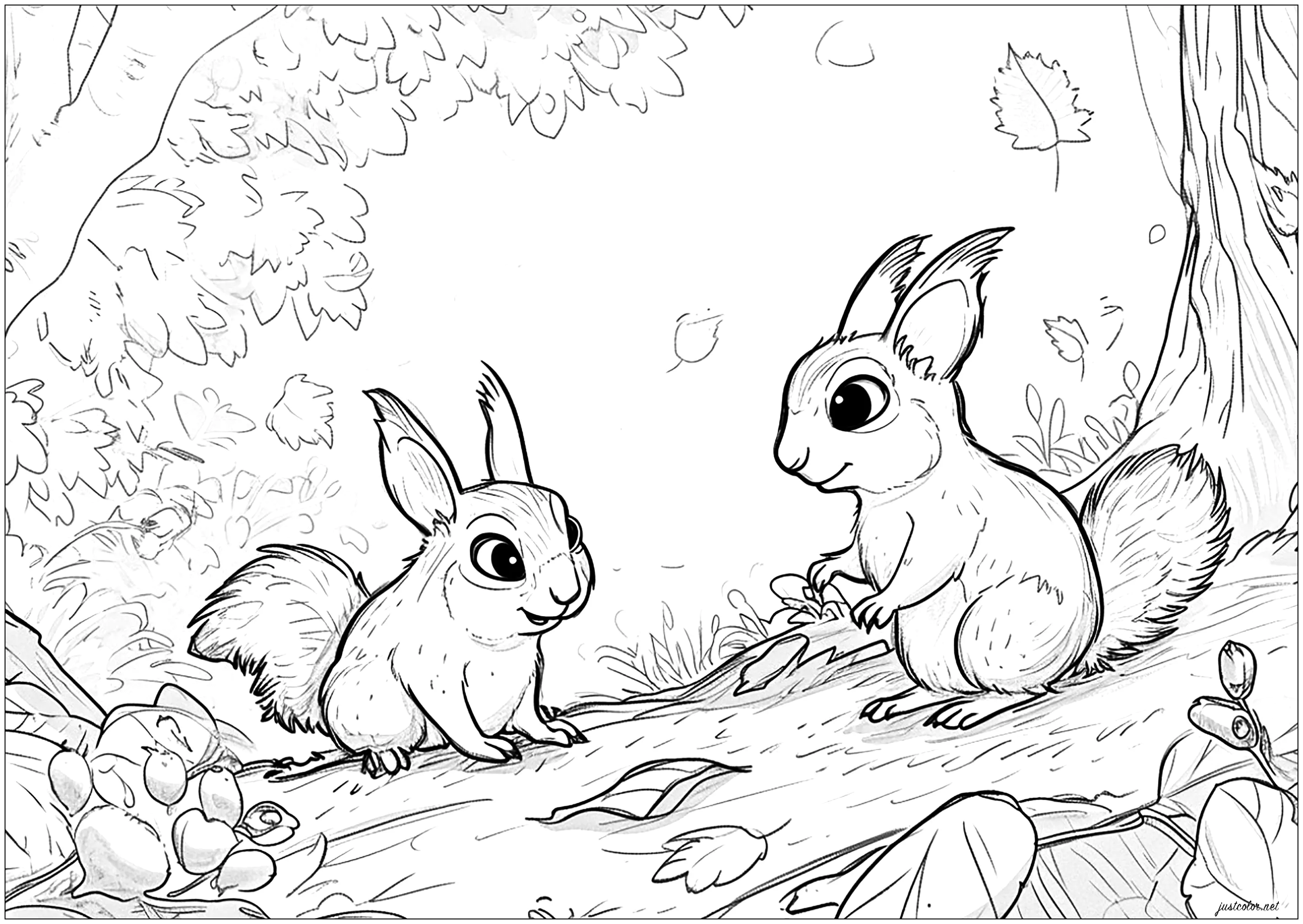 Zwei kleine Eichhörnchen auf einem Ast. (Ausmalbild zum Ausdrucken und Ausmalen für Kinder)