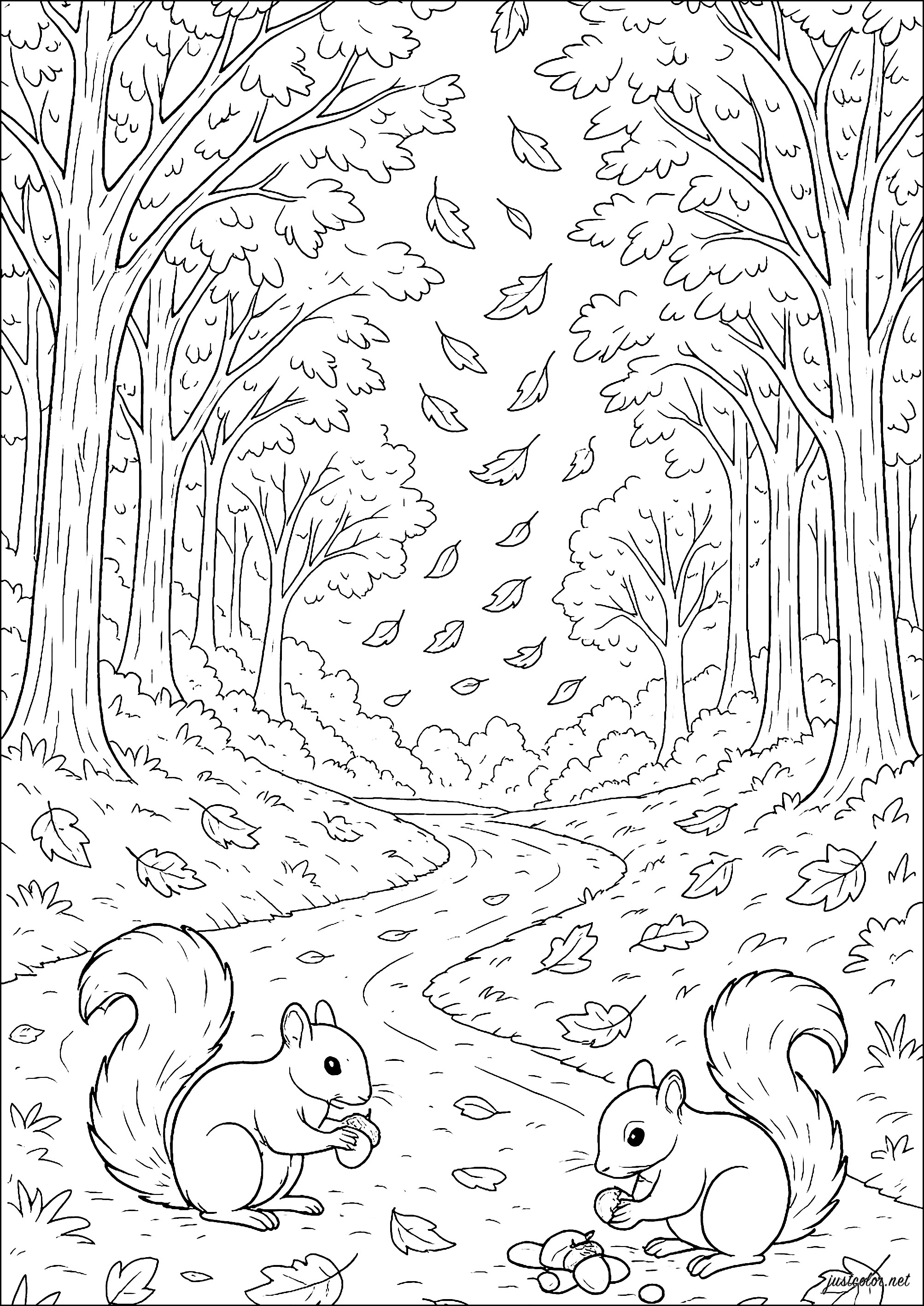 Squirrels Playing in Autumn Leaves (Ausmalbild von Eichhörnchen zum Ausdrucken und Ausmalen für Kinder)