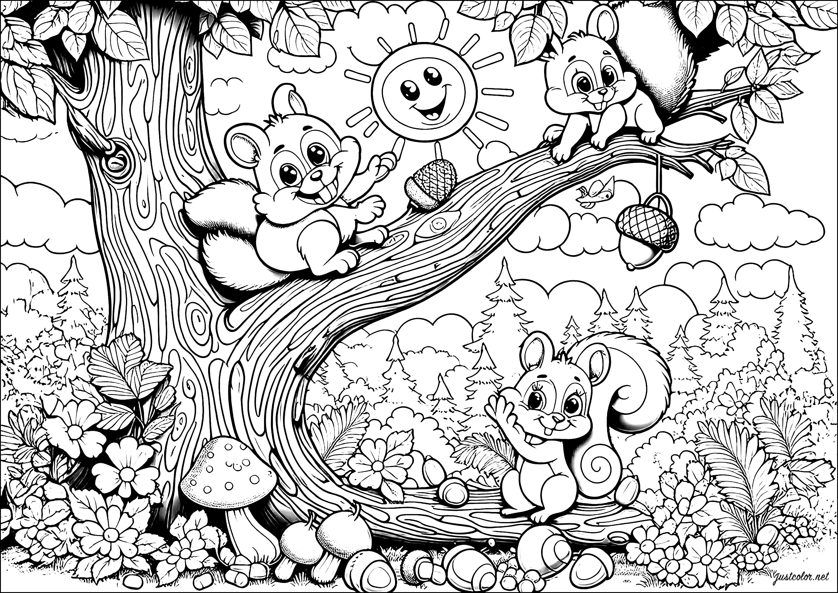 Fröhliche Abenteuer in den Bäumen (Ausmalbild von Eichhörnchen zum Ausdrucken und Ausmalen für Kinder)