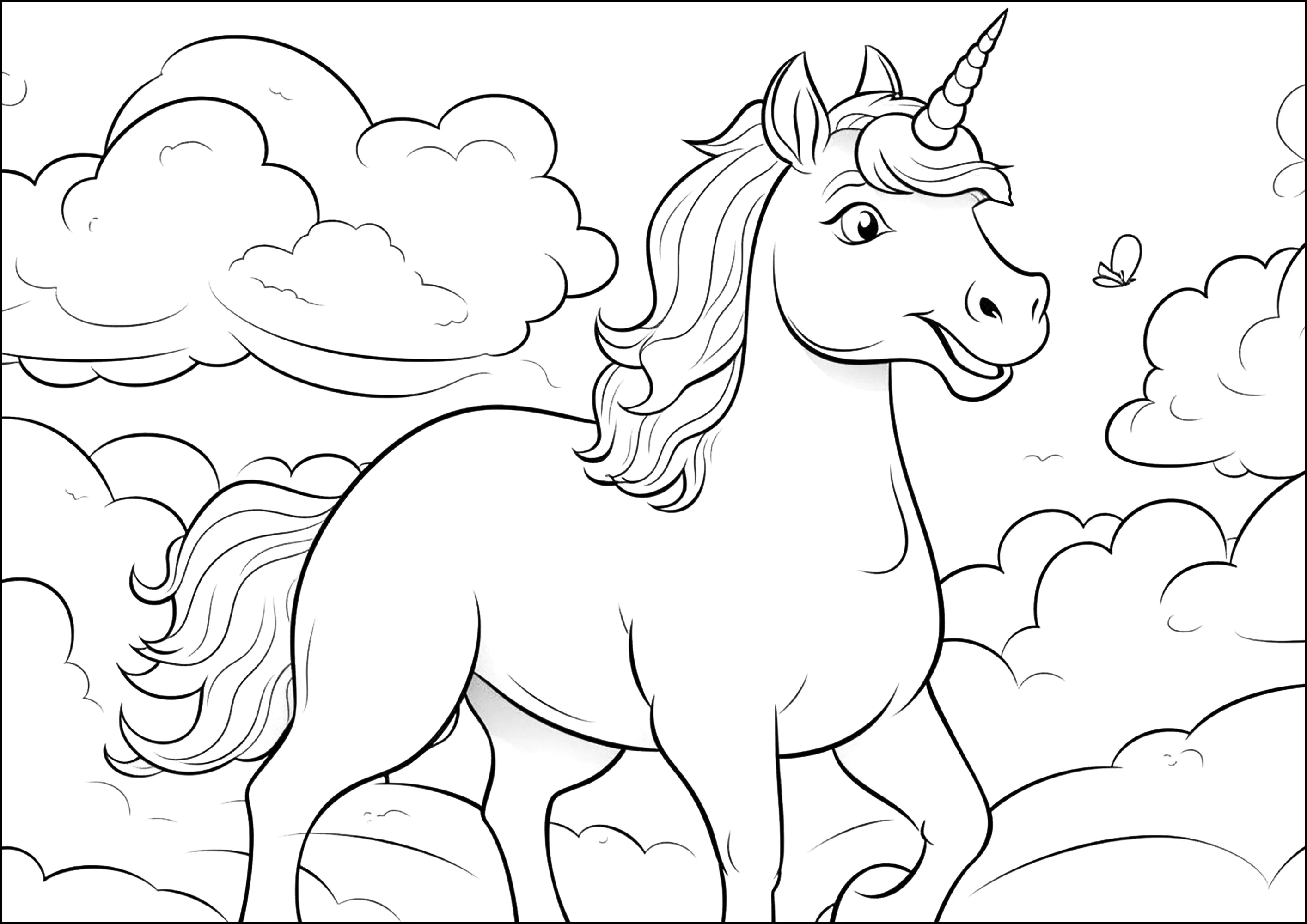 Schönes Einhorn am Himmel, umgeben von Wolken. (Ausmalbild von Einhoerner zum Ausdrucken und Ausmalen für Kinder)