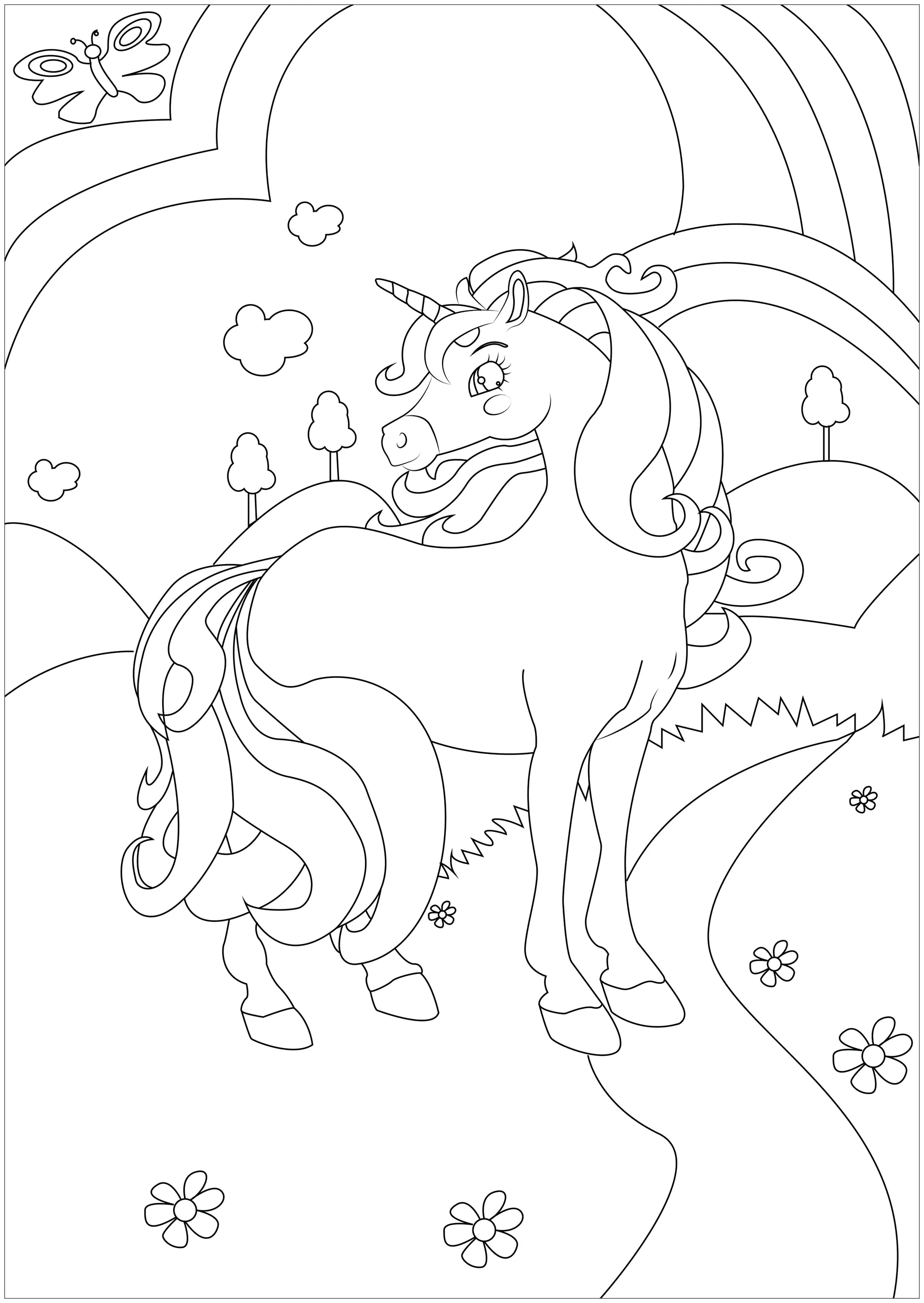 Einhorn in hübscher Wiese (Ausmalbild von Einhoerner zum Ausdrucken und Ausmalen für Kinder)