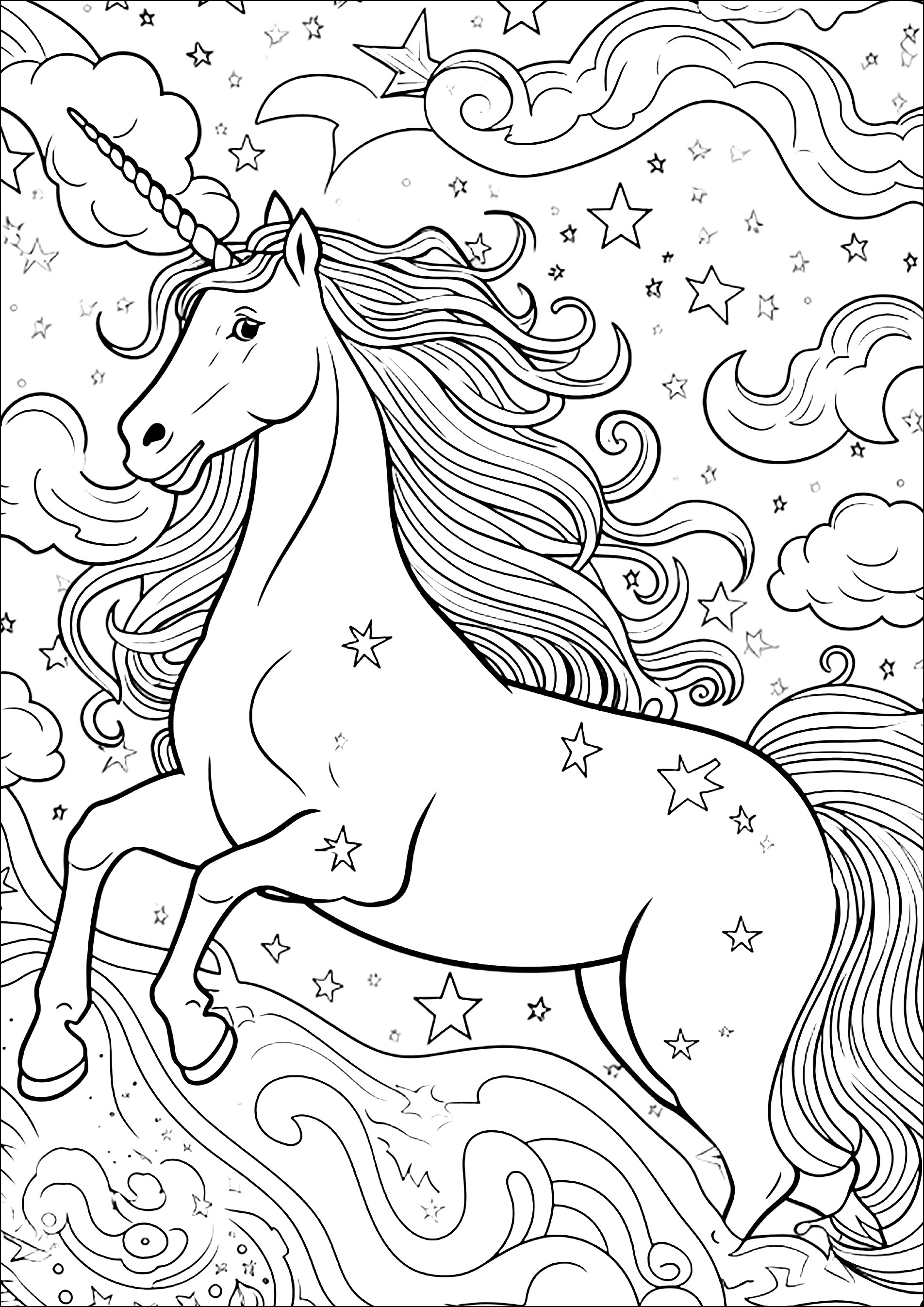 Einhorn im Himmel, Wolken und Sterne. (Ausmalbild von Einhoerner zum Ausdrucken und Ausmalen für Kinder)