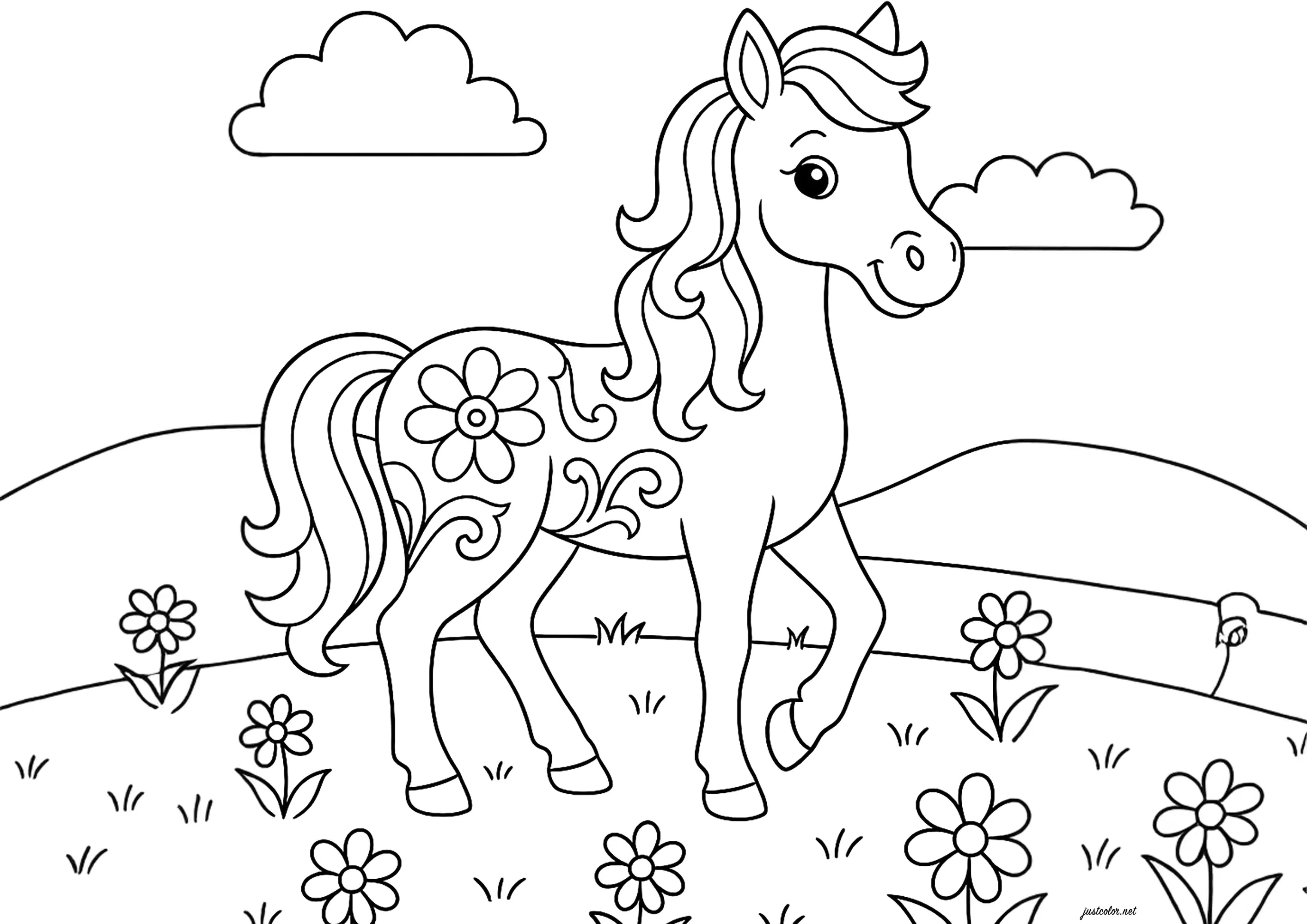 Hübsches Einhorn auf einer Wiese mit schönen Blumen (Ausmalbild von Einhoerner zum Ausdrucken und Ausmalen für Kinder)