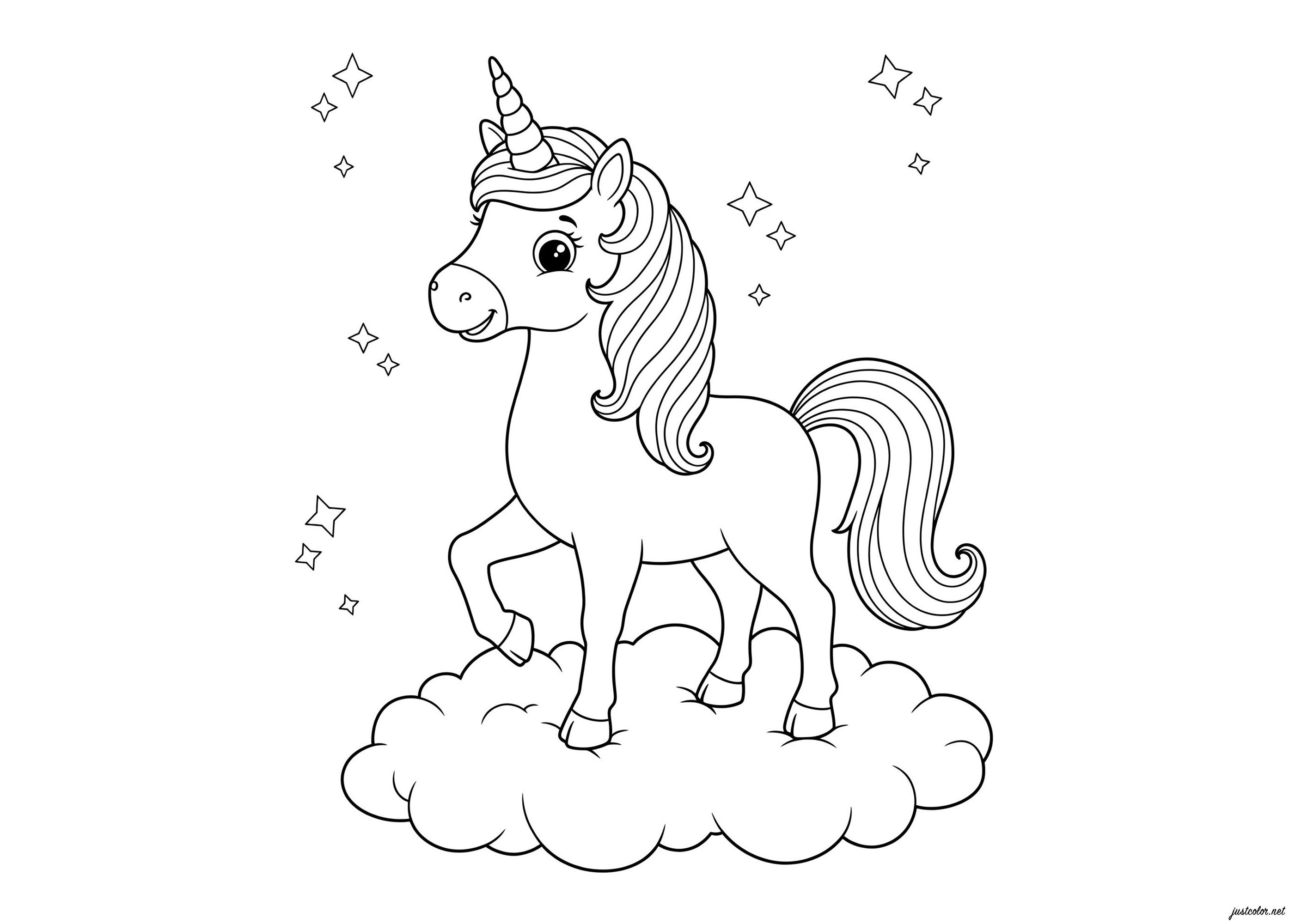 Kleines Einhorn auf seiner Wolke (Ausmalbild von Einhoerner zum Ausdrucken und Ausmalen für Kinder)