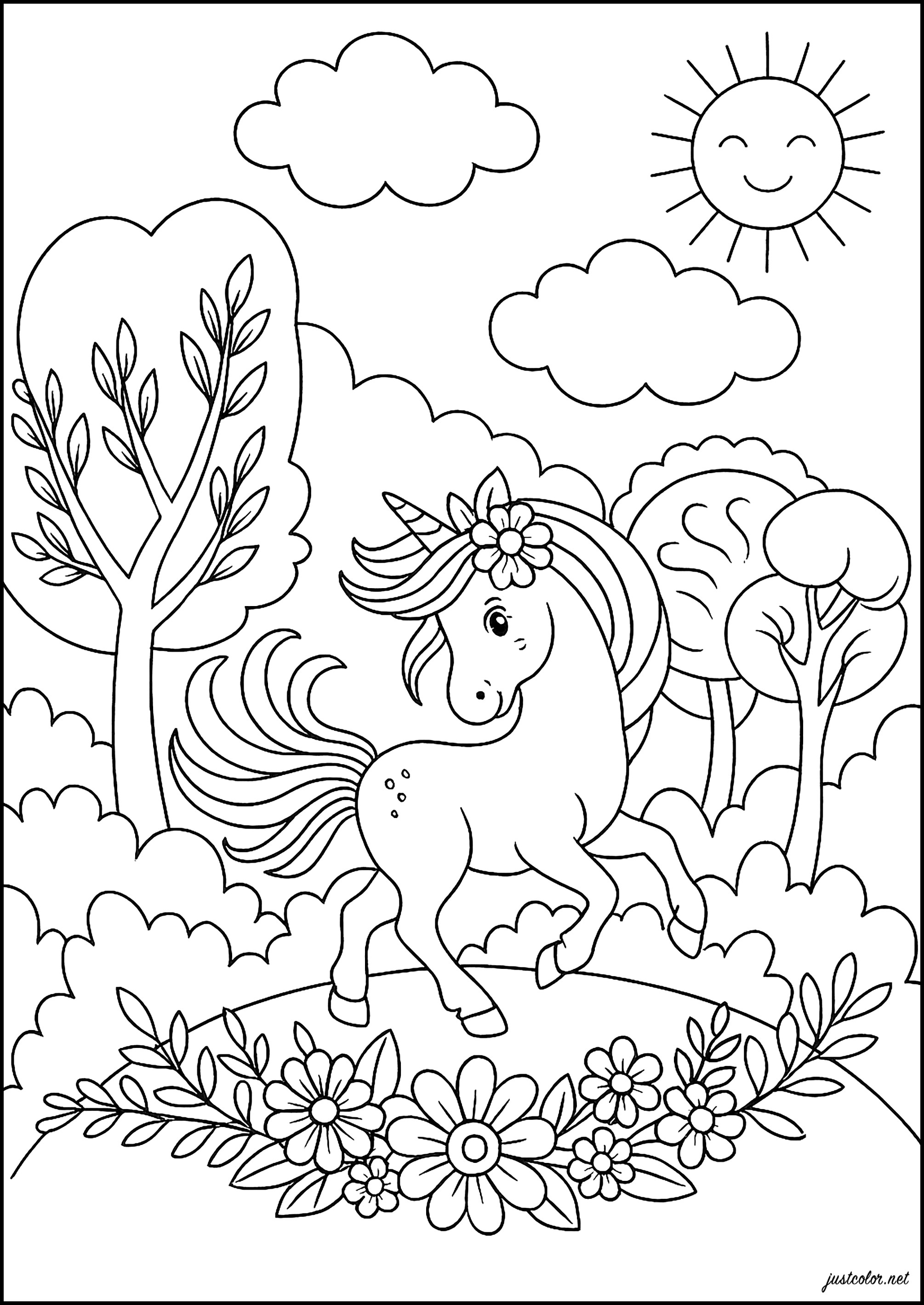 Magisches Einhorn in der Natur (Ausmalbild von Einhoerner zum Ausdrucken und Ausmalen für Kinder)