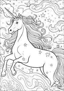 Einhorn im Himmel, Wolken und Sterne. (Ausmalbild von Einhoerner)