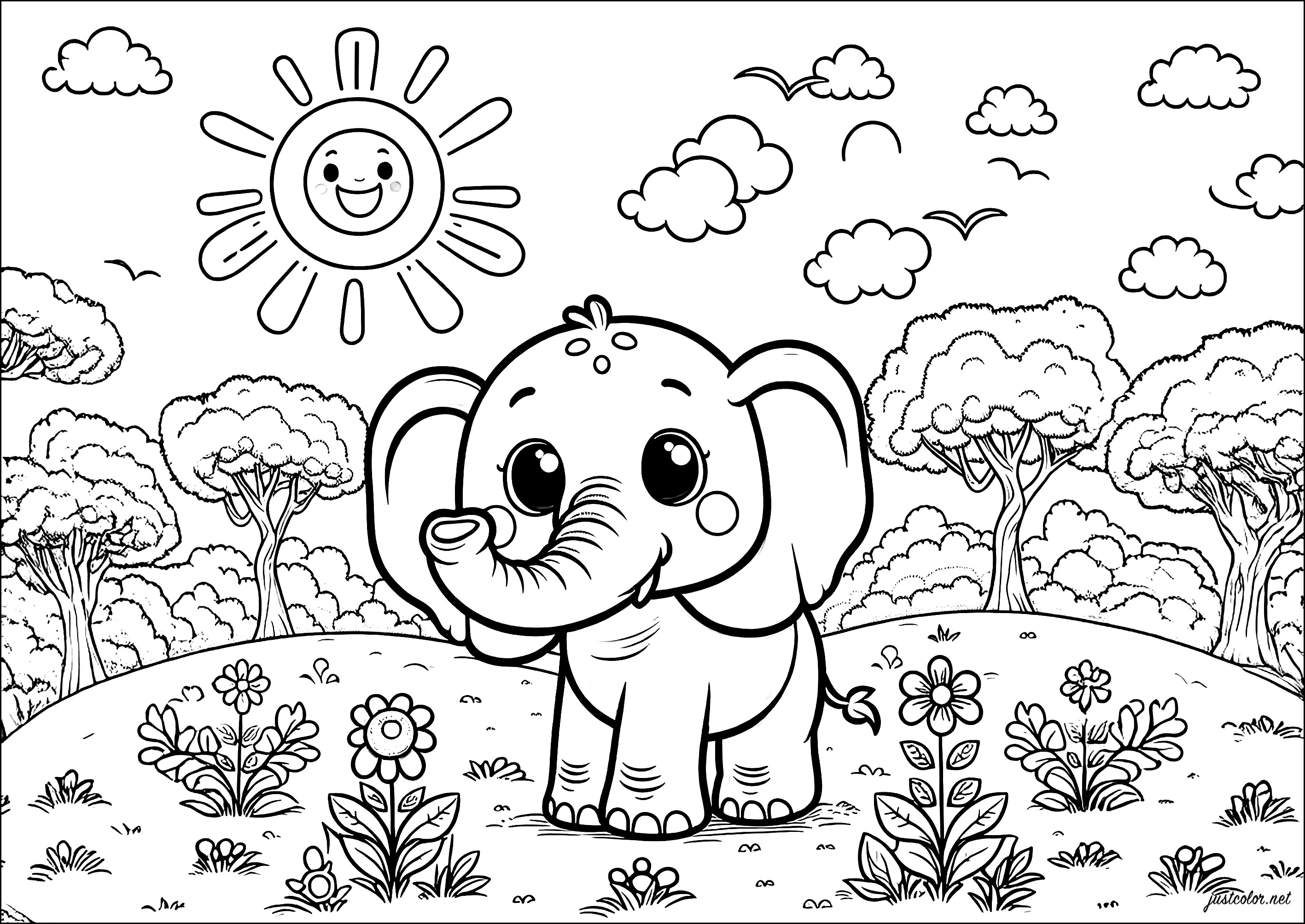 Fröhlicher Elefant in der Savanne (Ausmalbild von Elefanten zum Ausdrucken und Ausmalen für Kinder)