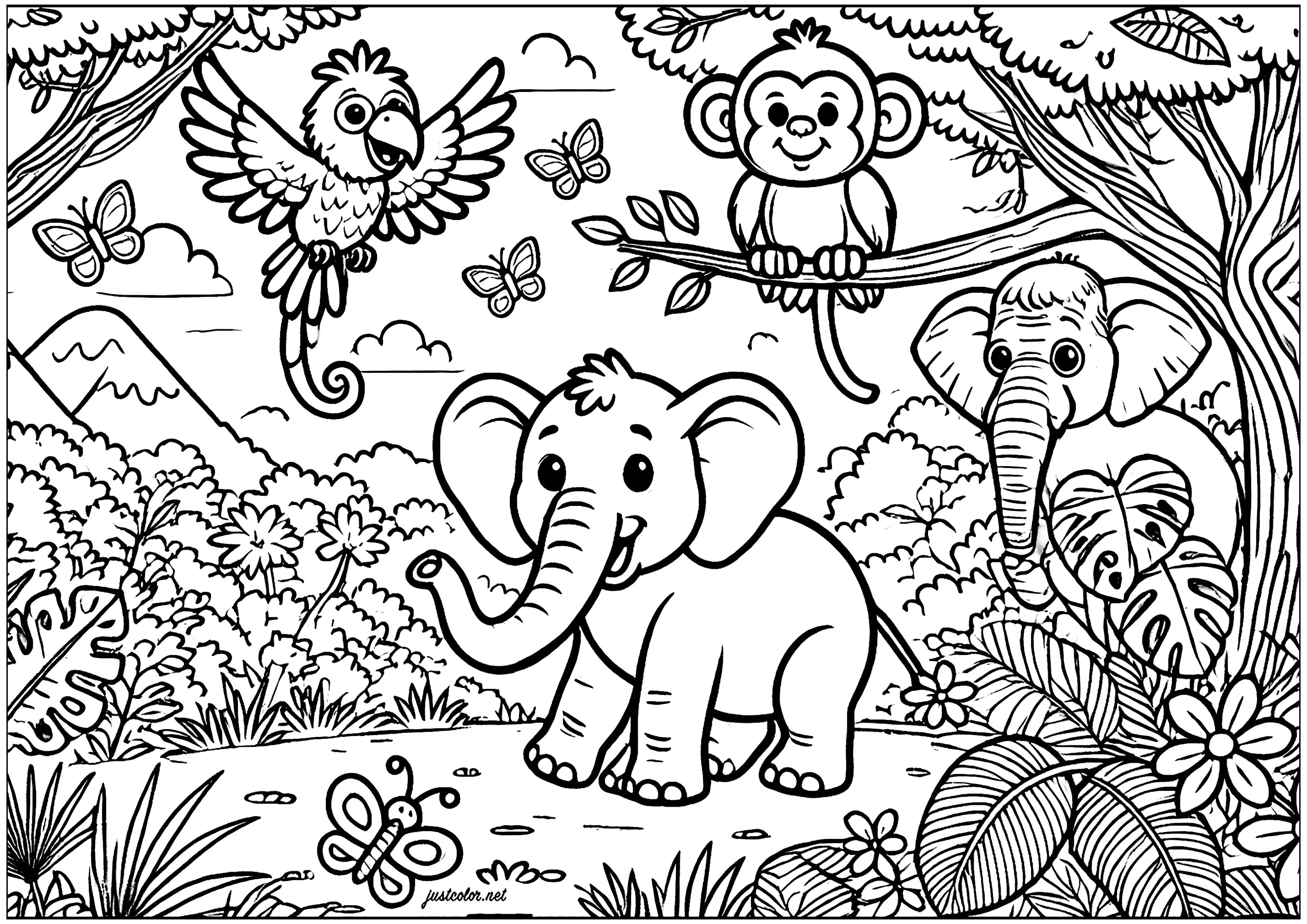 Junger Elefant und seine Freunde in der Savanne (Ausmalbild von Elefanten zum Ausdrucken und Ausmalen für Kinder)