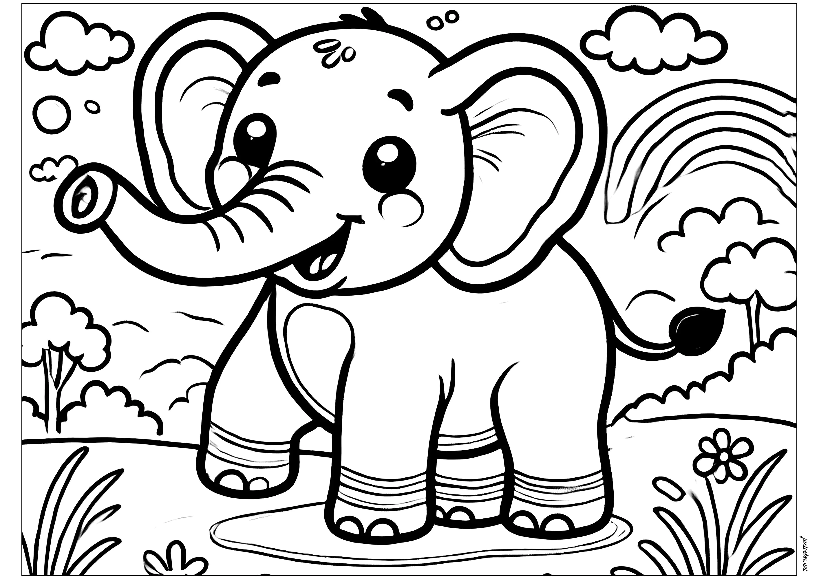 Junger lächelnder Elefant (Ausmalbild von Elefanten zum Ausdrucken und Ausmalen für Kinder)
