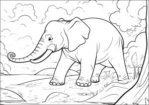 Junger Elefant, der durch die Savanne läuft (Ausmalbild von Elefanten)