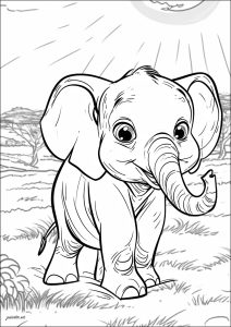Kleiner Elefant in der Savanne (Ausmalbild von Elefanten)