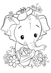 Junger Elefant, schöne Rose und Blumen. (Ausmalbild von Elefanten)