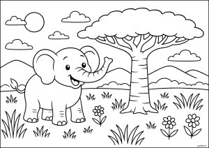 Fröhlicher Elefant unter der Sonne (Ausmalbild von Elefanten)