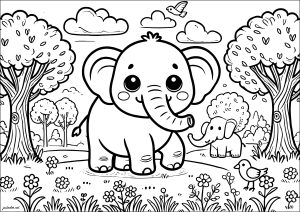 Niedlicher Elefant in einem Wald (Ausmalbild von Elefanten)
