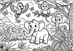 Junger Elefant und seine Freunde in der Savanne (Ausmalbild von Elefanten)