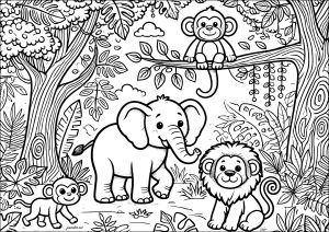 Ein Elefant und seine Freunde: ein Löwe und zwei Affen (Ausmalbild von Elefanten)