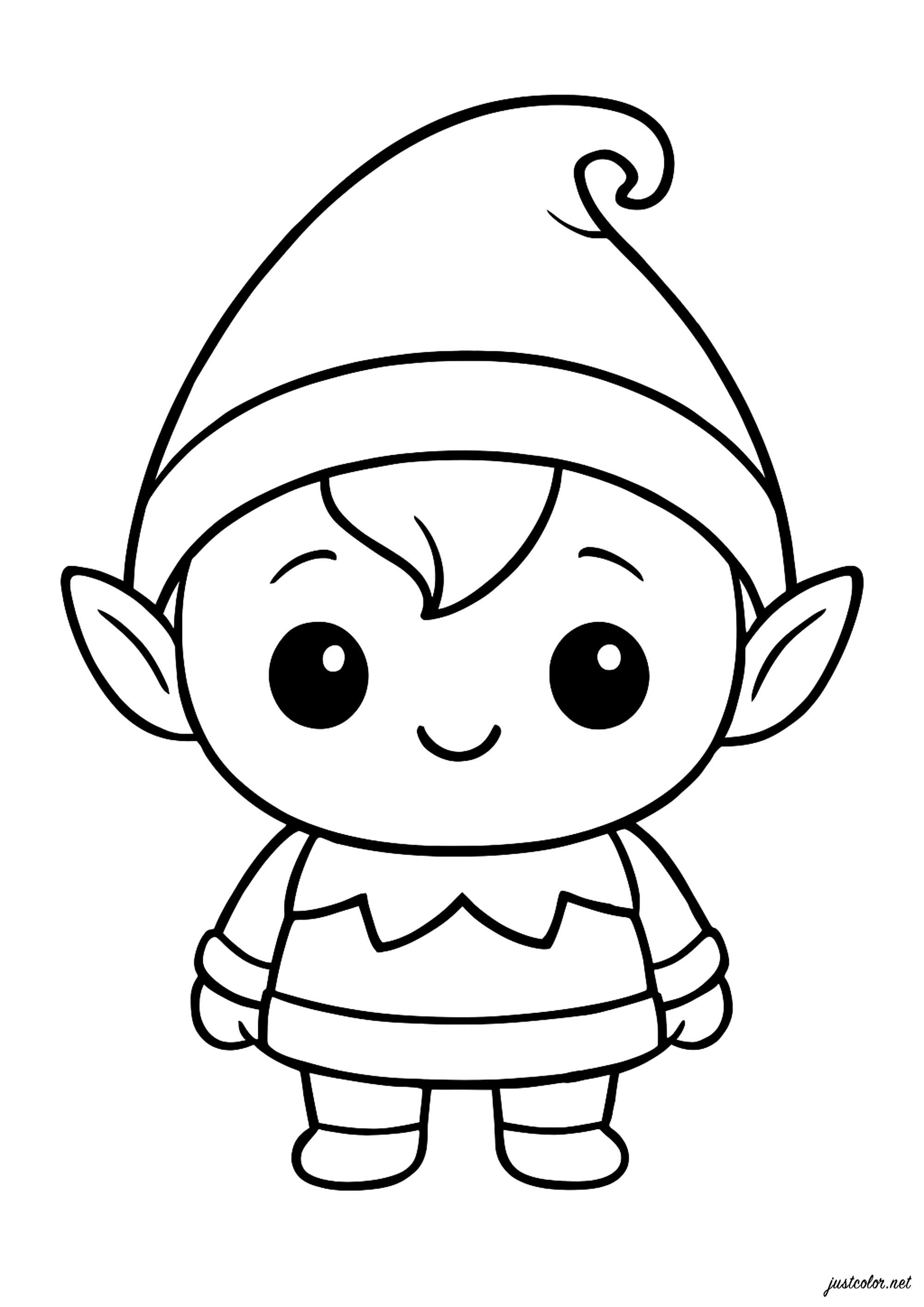 Kleine lächelnde Kawaii-Elfe voller Magie (Ausmalbild von Elf zum Ausdrucken und Ausmalen für Kinder)