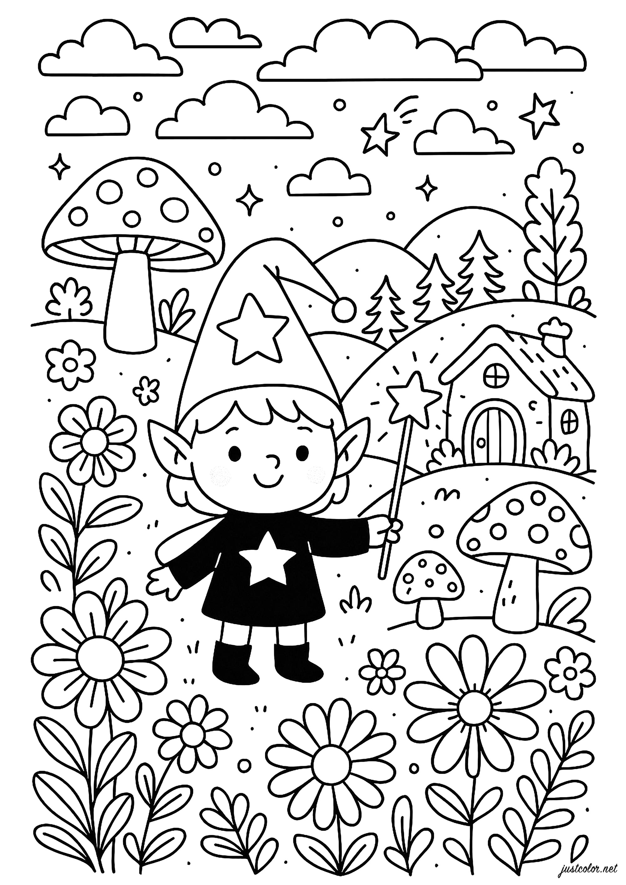 Der verzauberte Wald und die fröhliche Elfe (Ausmalbild von Elf zum Ausdrucken und Ausmalen für Kinder)