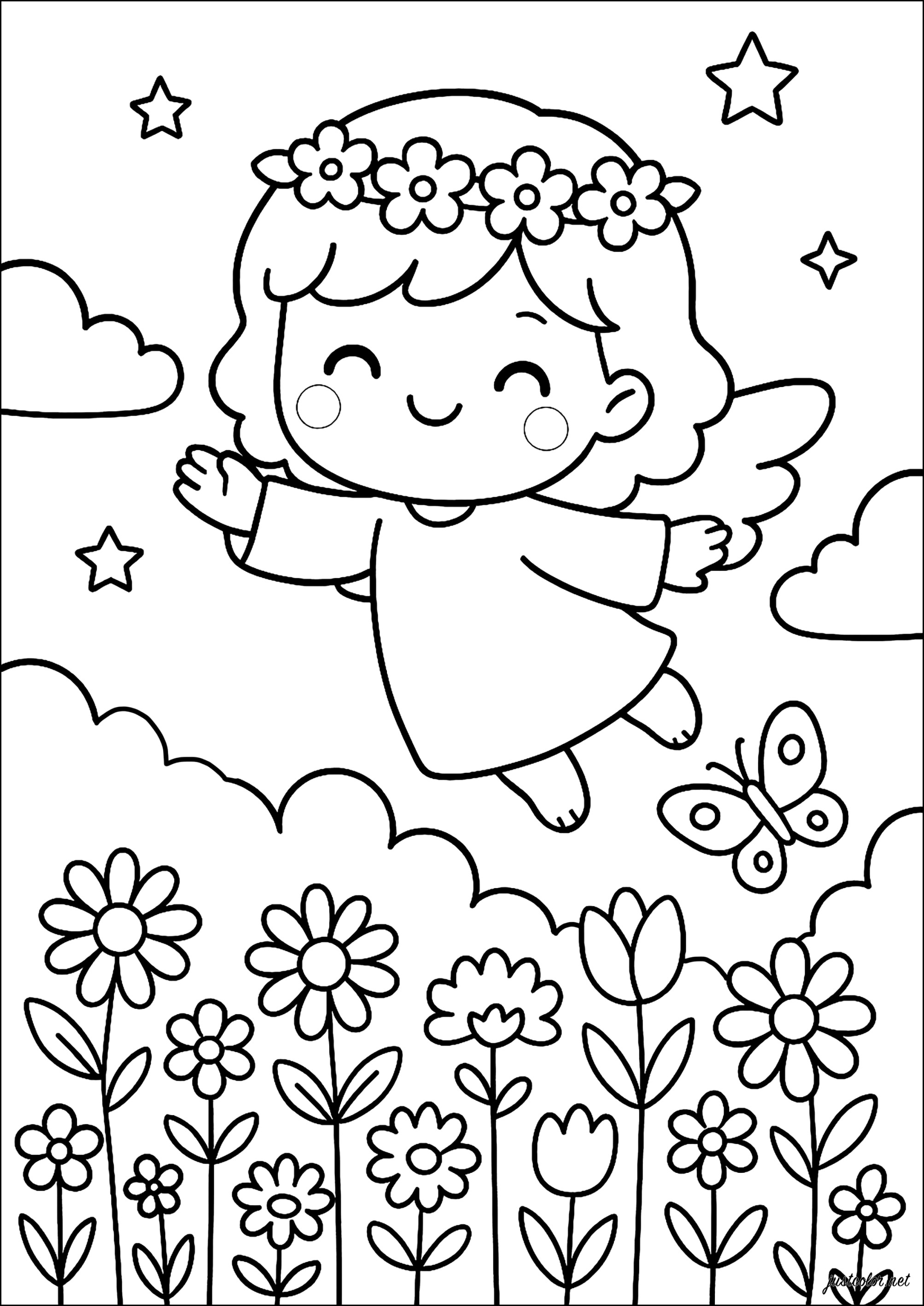Klein  kawaii in den Wolken (Ausmalbild von Engel zum Ausdrucken und Ausmalen für Kinder)