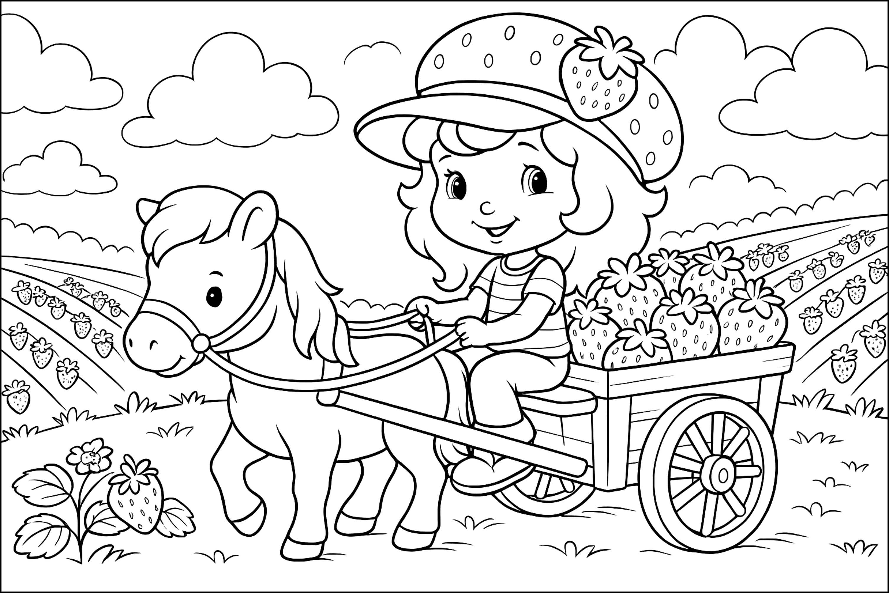 Abenteuer im Erdbeerfeld (Ausmalbild von Erdbeermaedchen Erdbeerli zum Ausdrucken und Ausmalen für Kinder)
