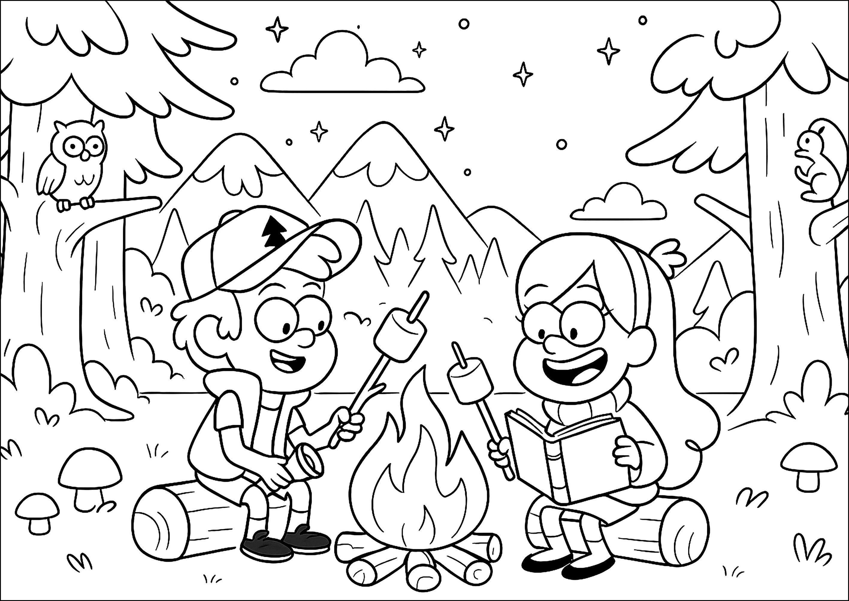 Dipper und Mabel erzählten sich Geschichten am Lagerfeuer (Ausmalbild von Erinnerungen an Gravity Falls zum Ausdrucken und Ausmalen für Kinder)