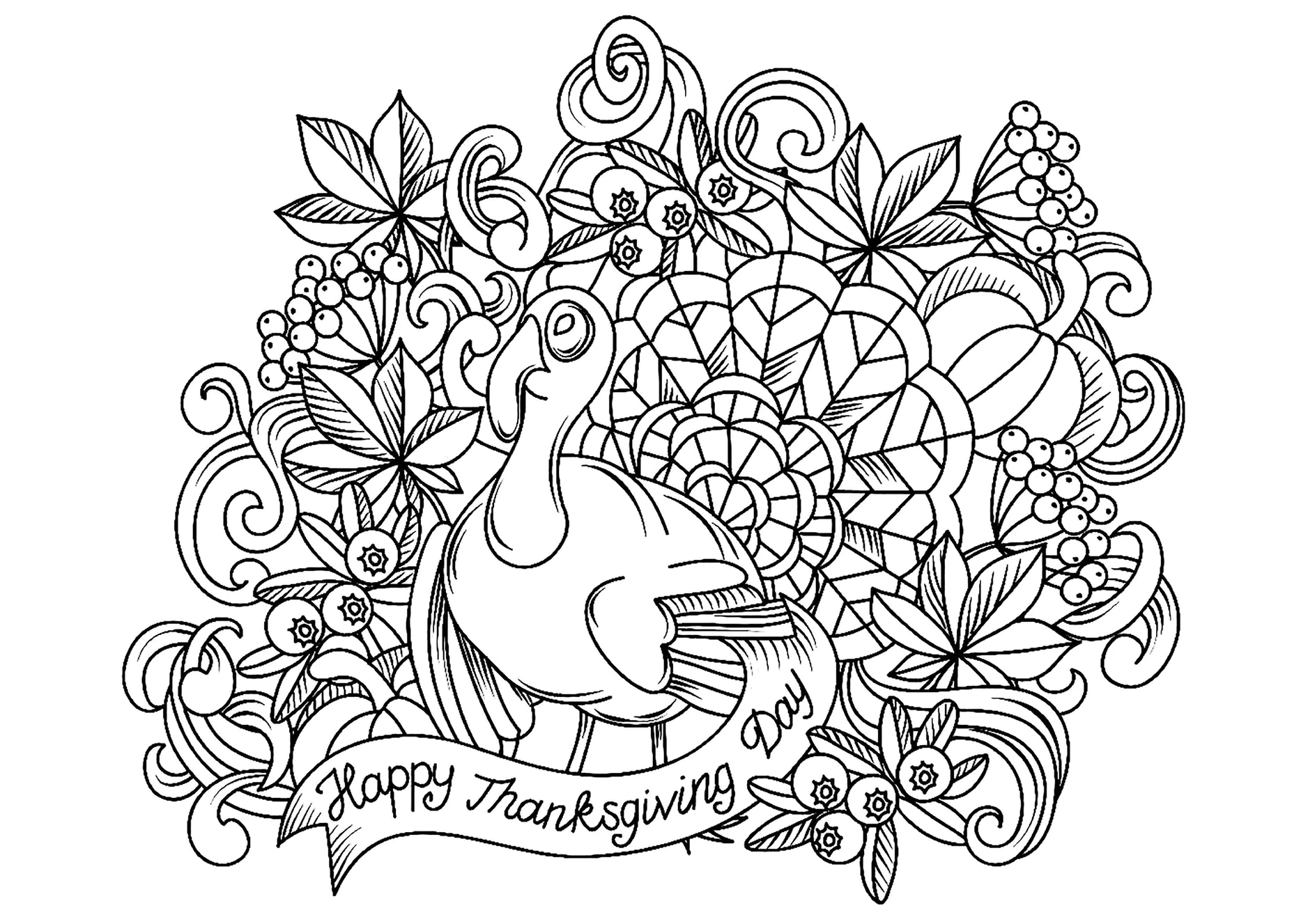 Thanksgiving-Färbung mit einem Truthahn und Mustern (Ausmalbild von Erntedankfest (Thanksgiving) zum Ausdrucken und Ausmalen für Kinder)