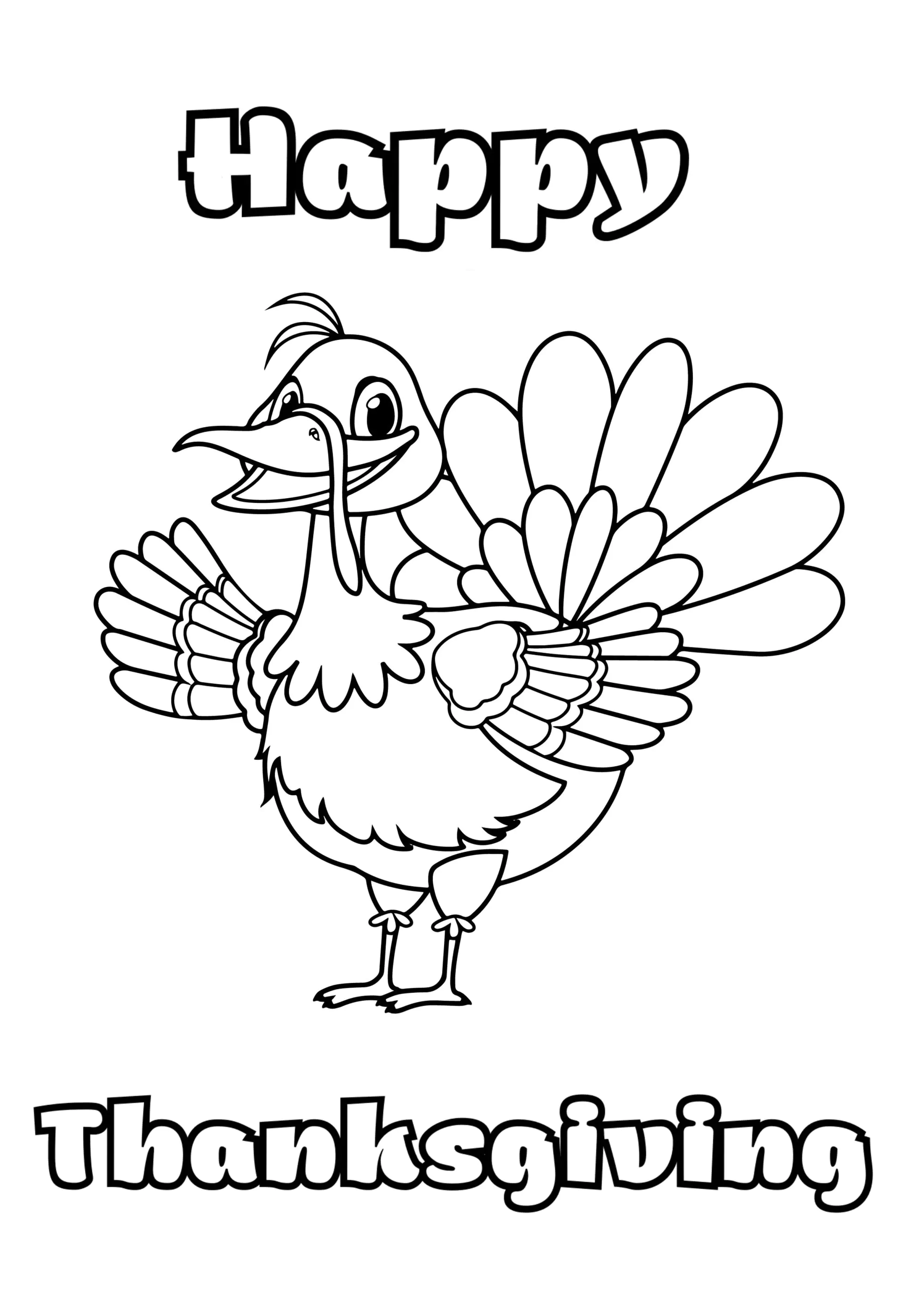 Truthahn mit Text "Happy Erntedankfest". (Ausmalbild von Erntedankfest (Thanksgiving) zum Ausdrucken und Ausmalen für Kinder)
