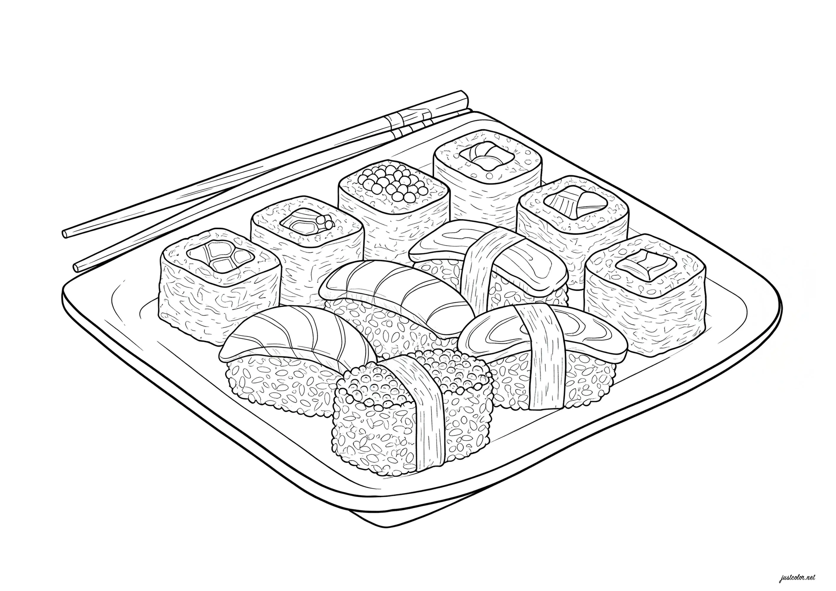 Ein schöner Sushi-Teller (Ausmalbild von Essen zum Ausdrucken und Ausmalen für Kinder)