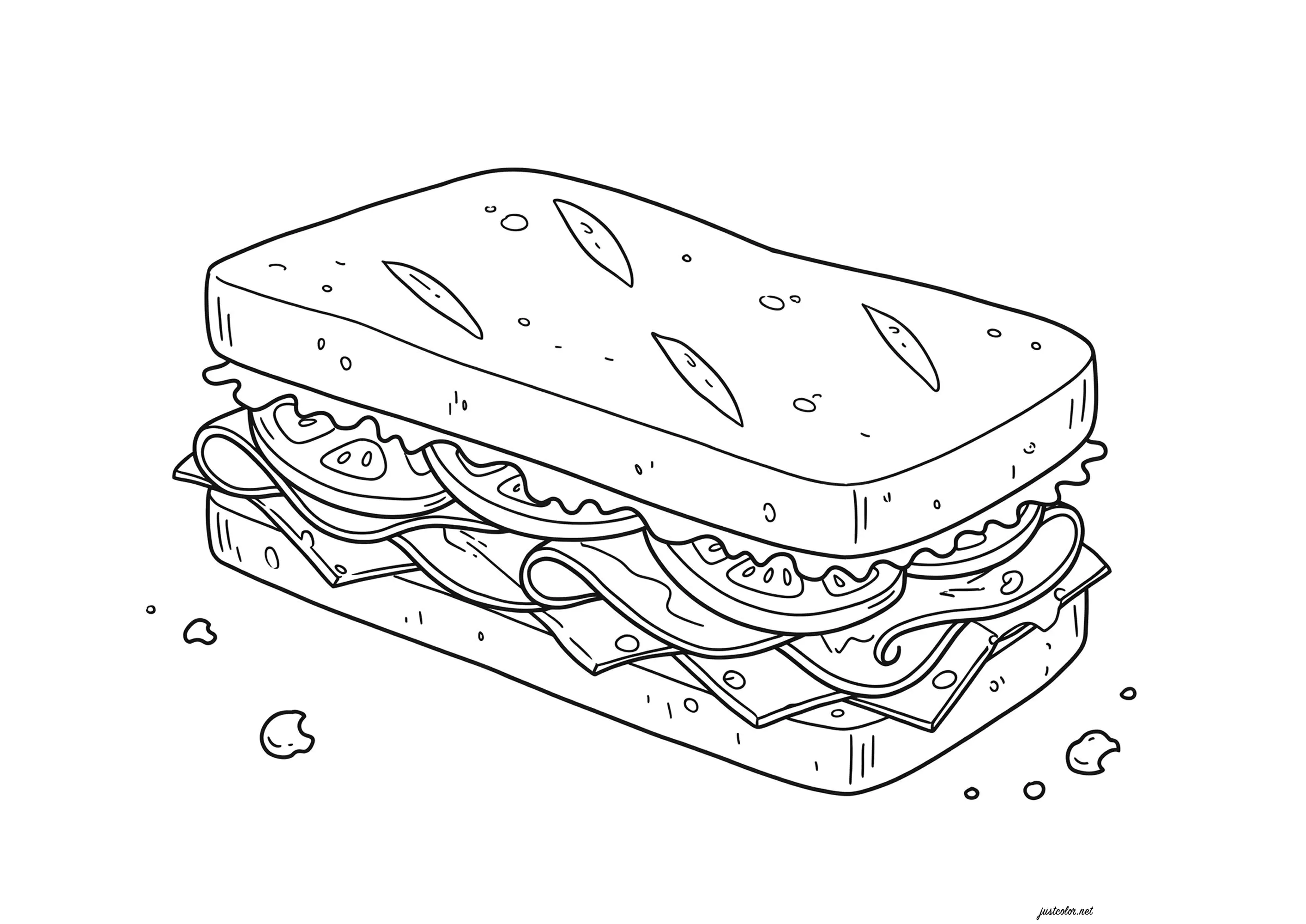 Ein Sandwich mit Schinken, Tomaten und Salat (Ausmalbild von Essen zum Ausdrucken und Ausmalen für Kinder)
