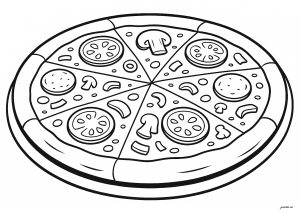 Eine köstliche Pizza mit frischen Tomaten, Pilzen und Käse (Ausmalbild von Essen)