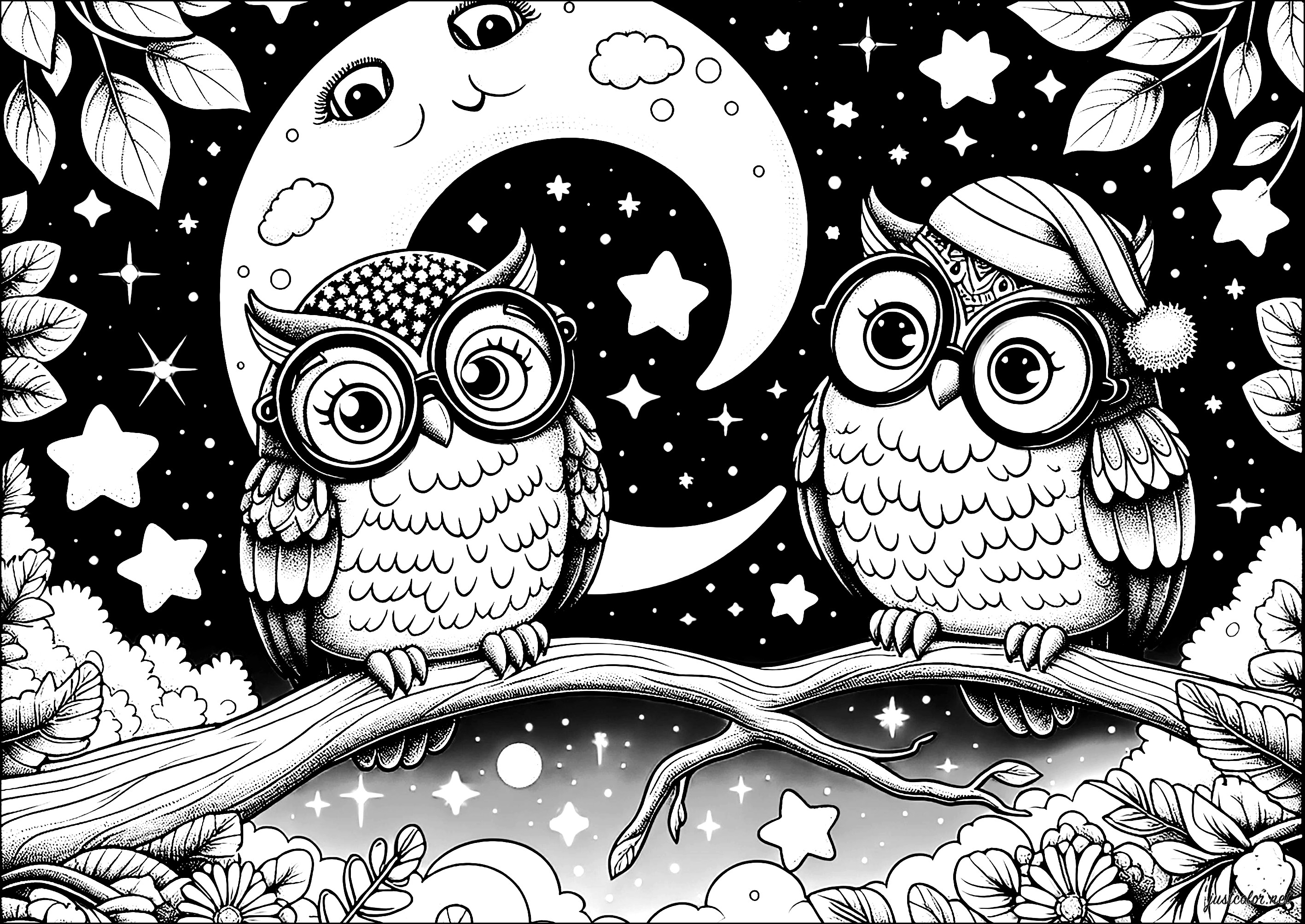 Eulen hübsch unter dem hellen Mond (Ausmalbild zum Ausdrucken und Ausmalen für Kinder)