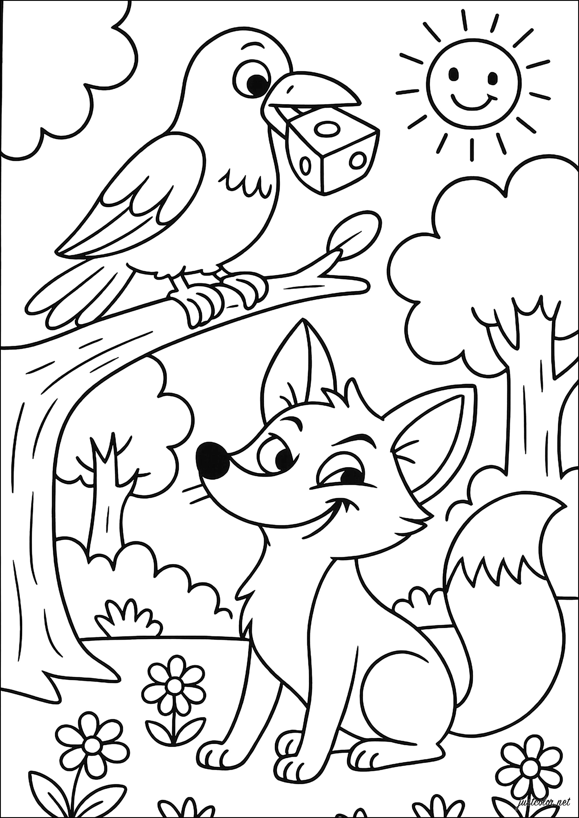 Die Krähe und der Fuchs (Ausmalbild von Fabeln von La Fontaine zum Ausdrucken und Ausmalen für Kinder)