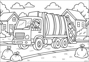 Müllwagen in einer hübschen Straße (Ausmalbild von Fahrzeuge)