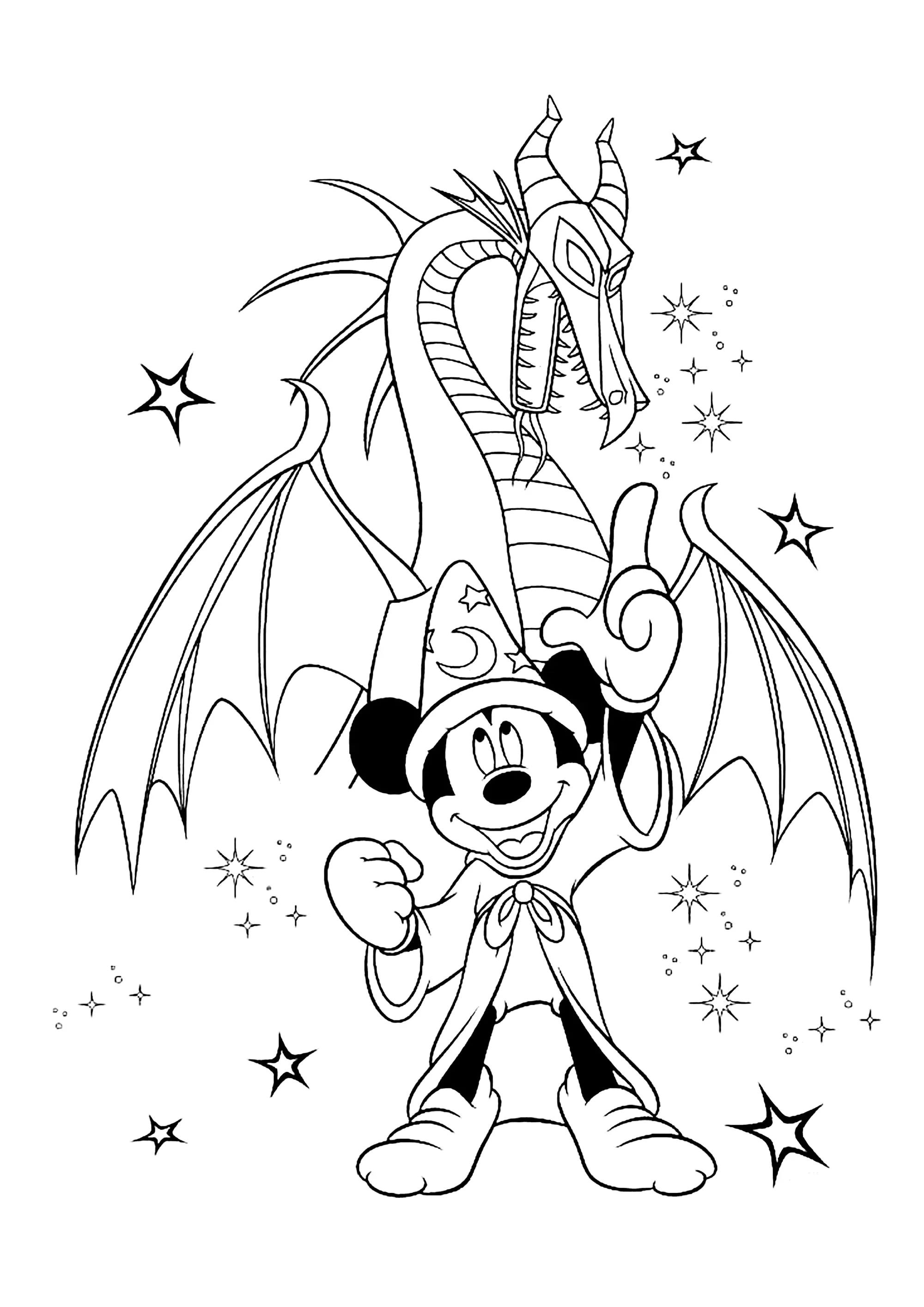 Fantasia Ausmalbild: Mickey und der Drache (Ausmalbild zum Ausdrucken und Ausmalen für Kinder)