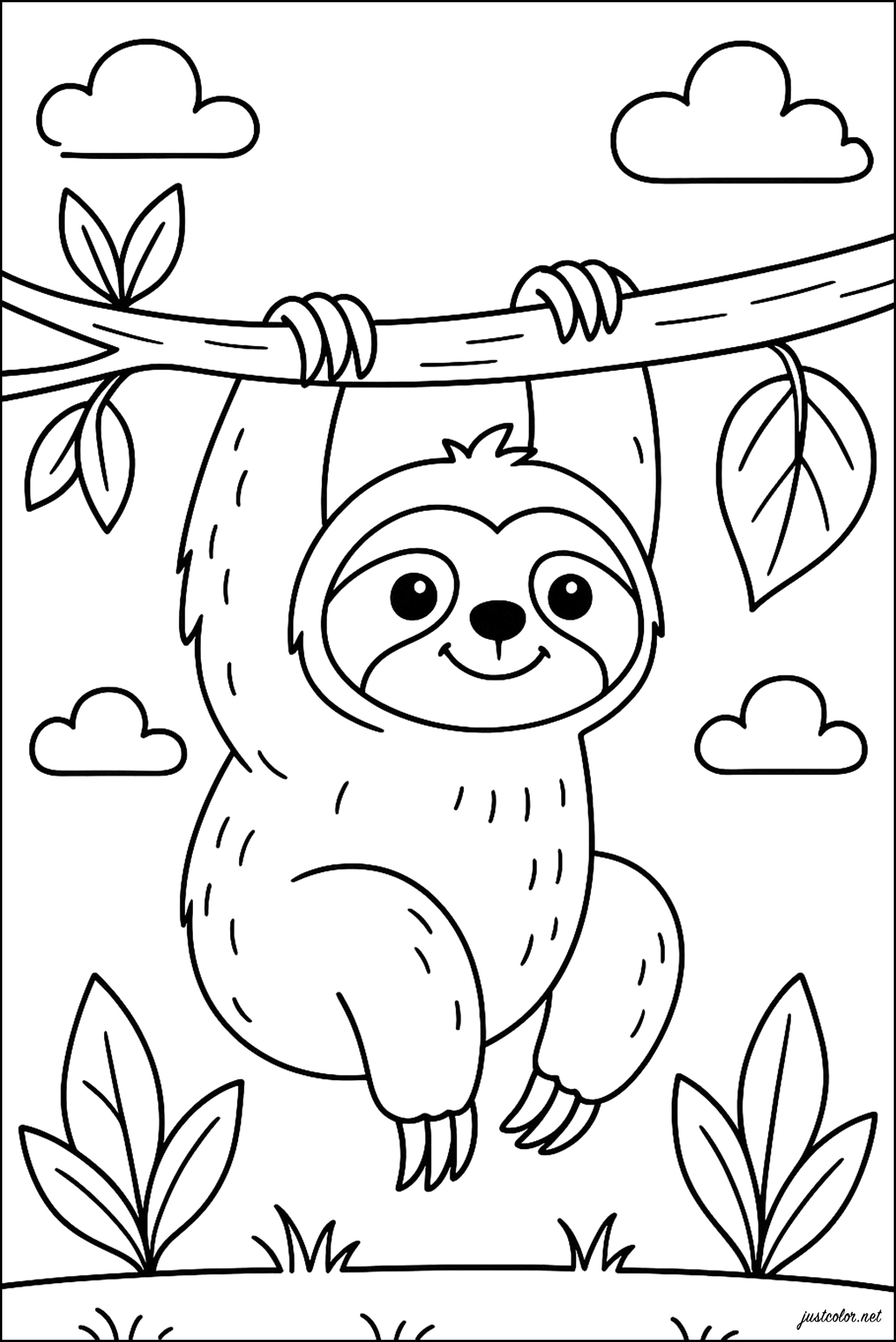 Ein Faultiere, das in den Bäumen hängt (Ausmalbild zum Ausdrucken und Ausmalen für Kinder)