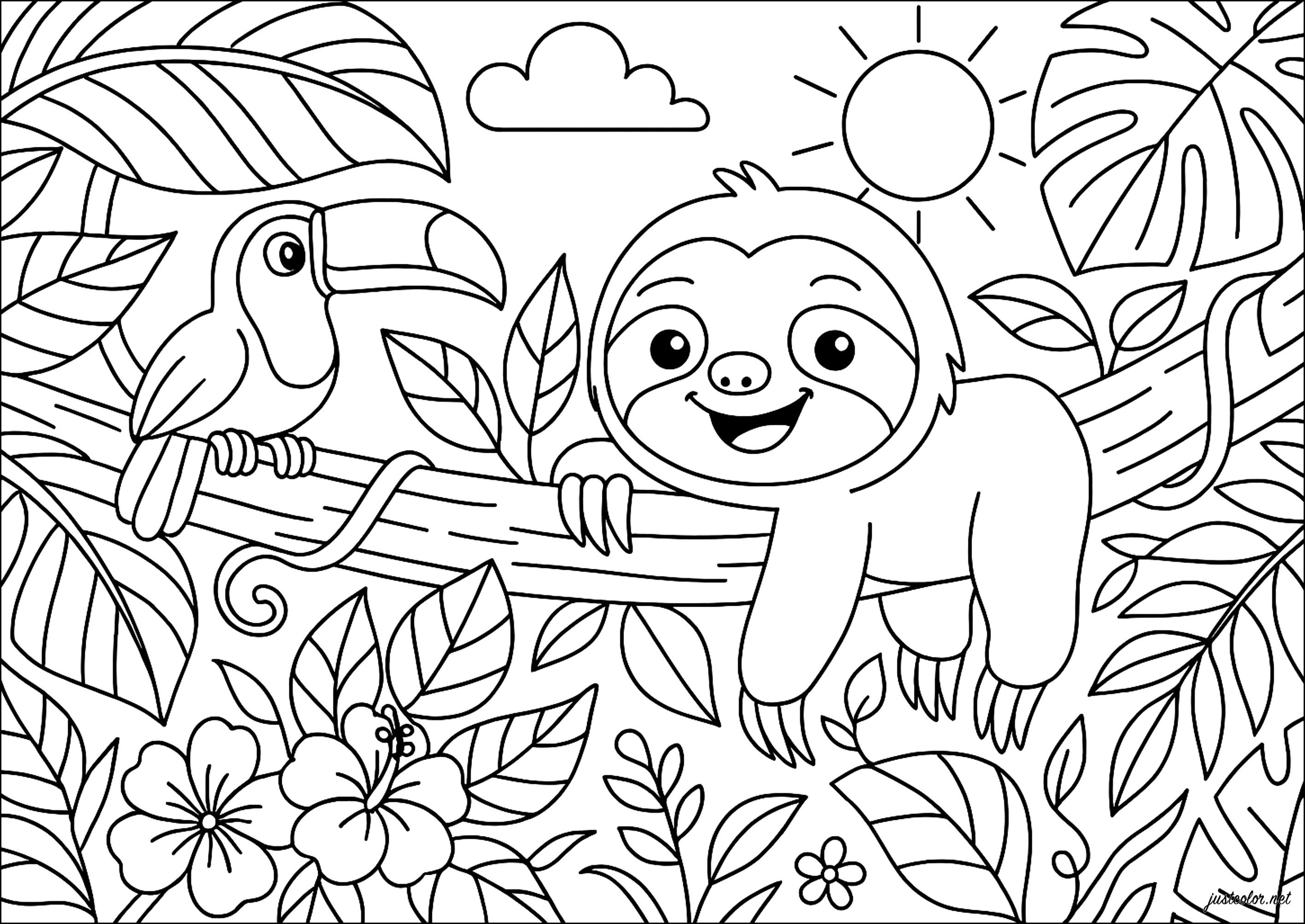 Tropisches Abenteuer (Ausmalbild von Faultiere zum Ausdrucken und Ausmalen für Kinder)